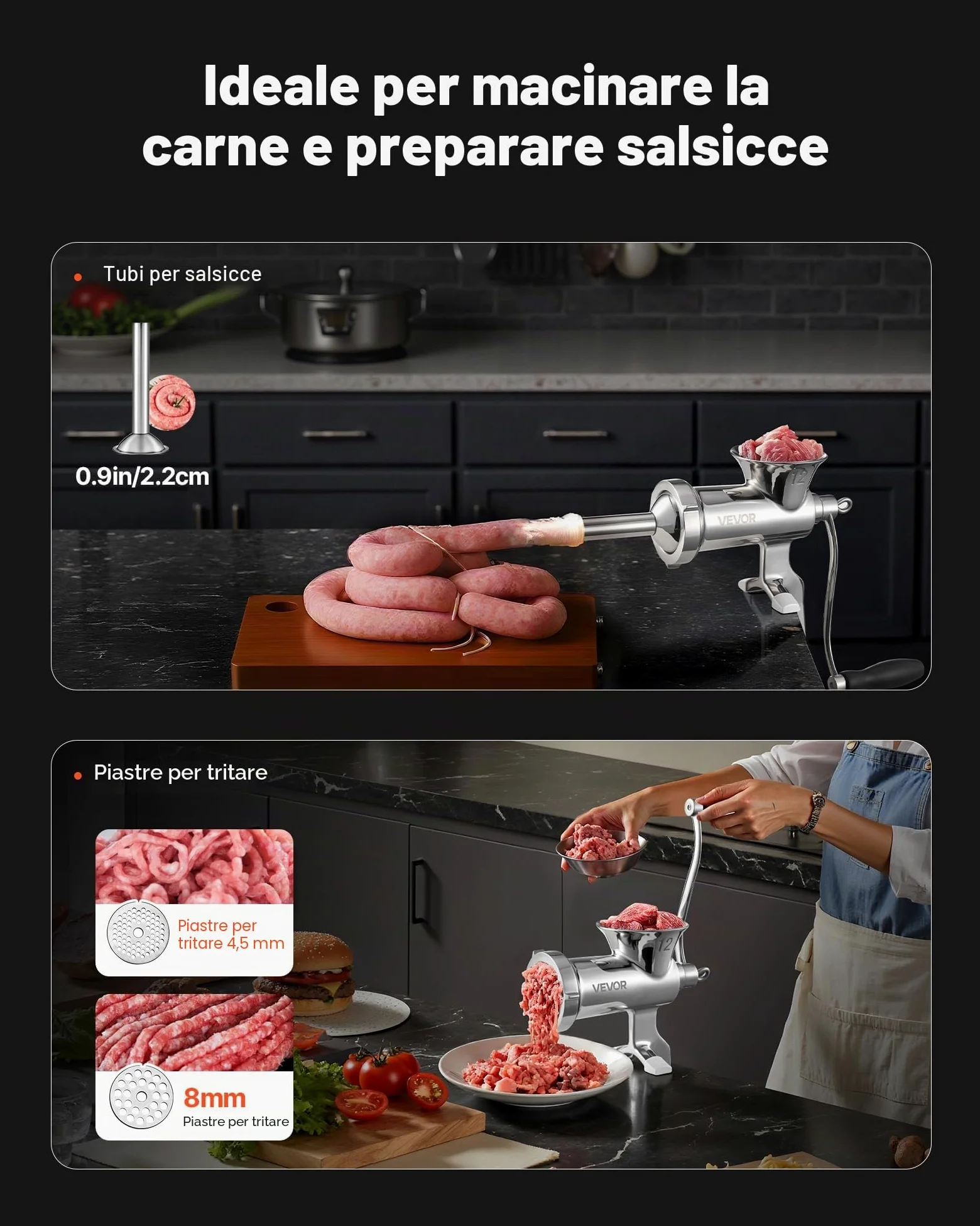 VEVOR Tritacarne Manuale in Acciaio Inossidabile 304 Fissaggio a Morsetto da Tavolo per Preparazione di Salsicce Salumi Polpette, Tritacarne Manuale da Tavolo Acciaio Inox Uso Alimentare Calibro #12