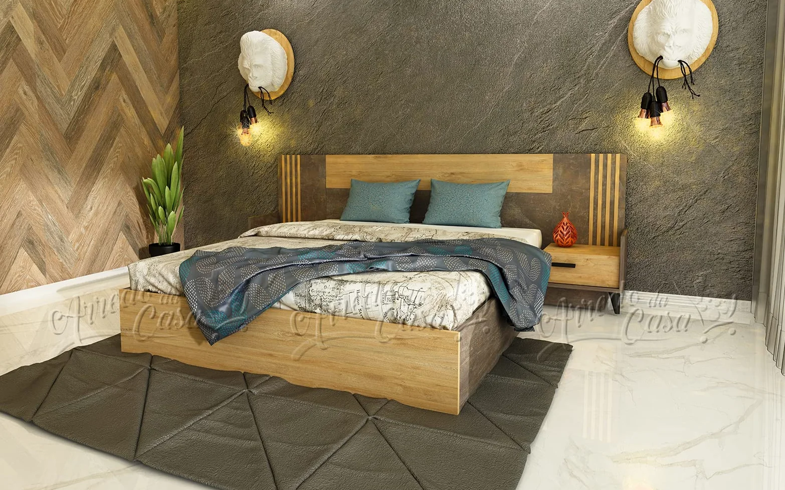 Camera da Letto Matrimoniale Completa con Armadio 2 Ante Battenti Letto Matrimoniale con Comodini e Comò Dotato di 2 Cassetti 1 Anta e 1 Specchio Cemento Scuro e Quercia Dorata CDLU31