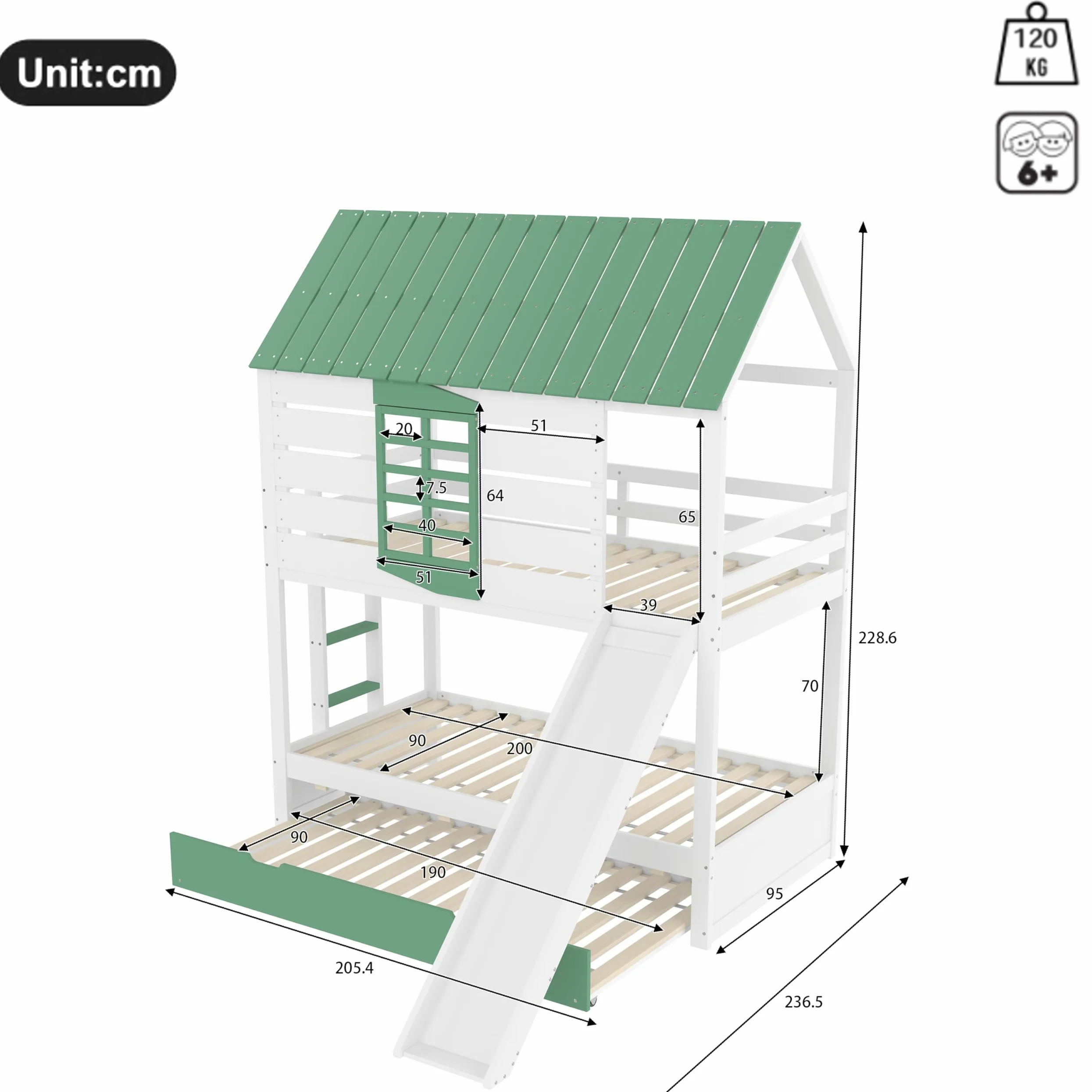 Moimhear Lettino a soppalco, con tetto di casa, con finestre, culla in legno, letto a castello con scivolo, pino+MDF, bianco+verde (90 x 200 x 2 + 90 x 190 cm, con letto estraibile)