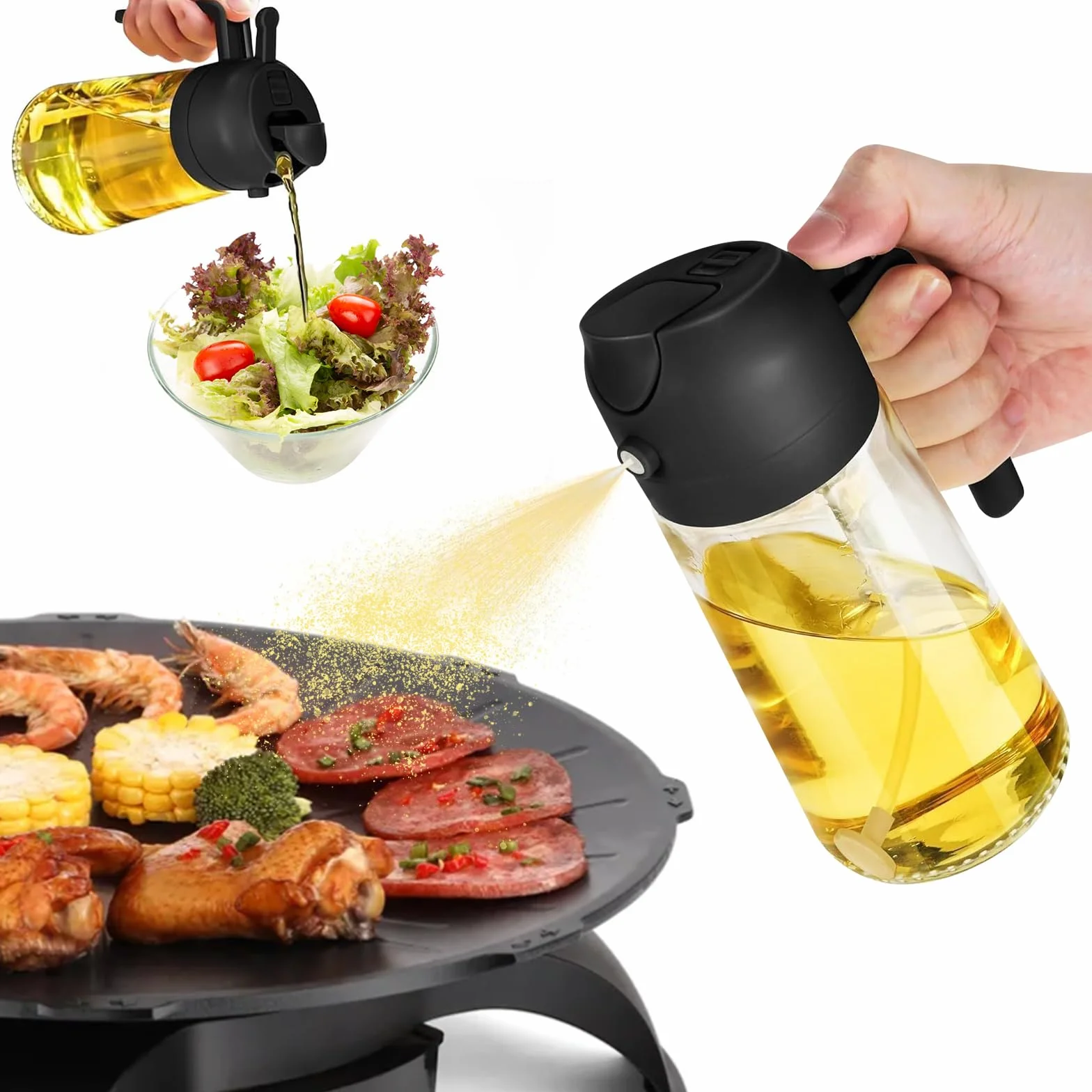 Spruzzino Olio Per Friggitrice Aria, 2 in 1 Spruzzatore Olio 470ml, Dosatore Olio Cucina, Nebulizzatore Olio Cucina