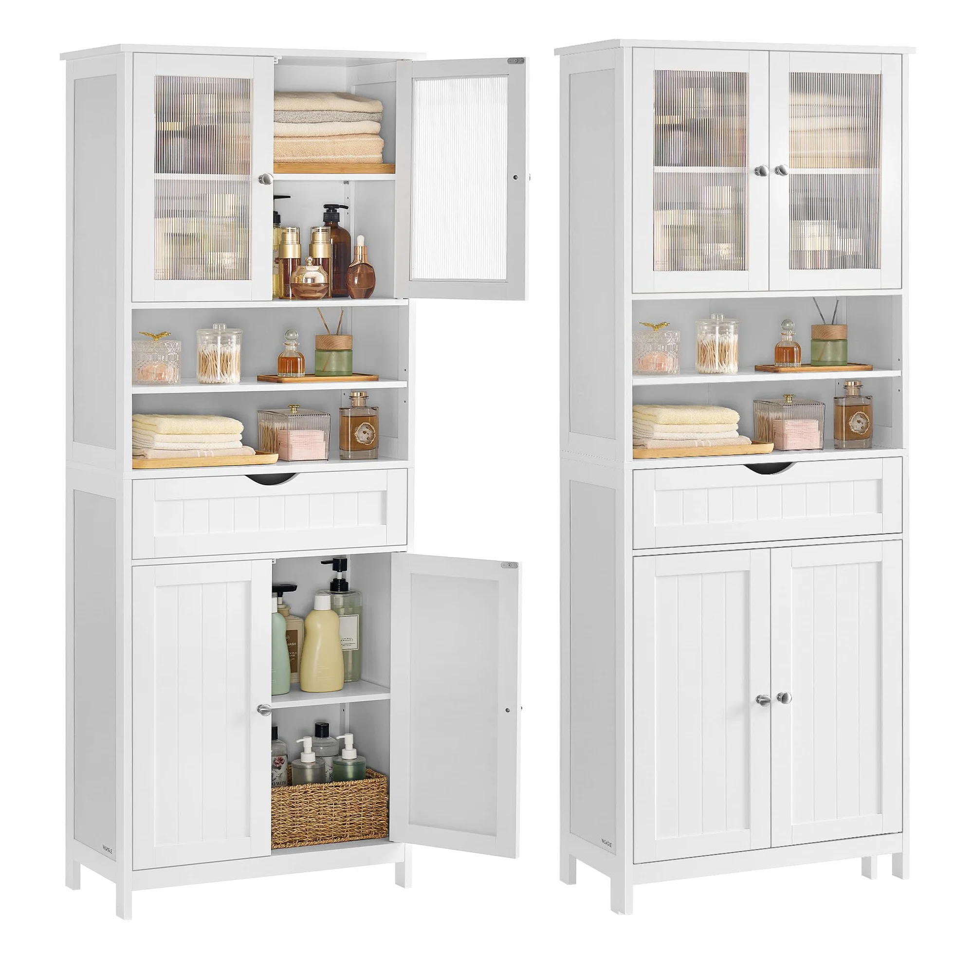 VASAGLE Mobiletto Contenitore, Armadietto da Bagno, con Ripiani Regolabili, Cassetto, Scomparti Aperti, per Bagno, Soggiorno, Sala da Pranzo, Bianco Nuvola BBC768W01