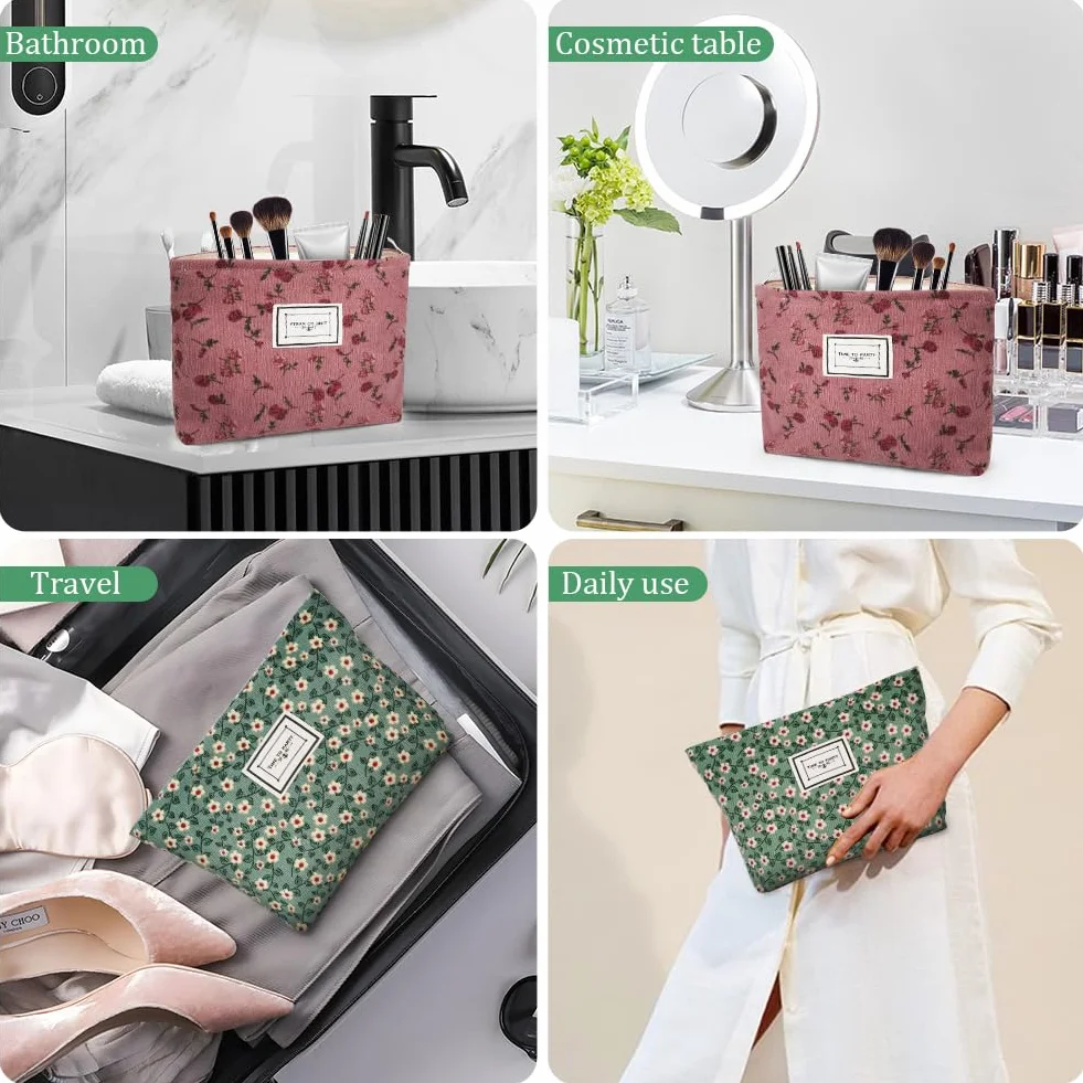 Aucuu Beauty Case da Viaggio 2 in 1 Borsa Cosmetici Donna Floreale Velluto a Coste