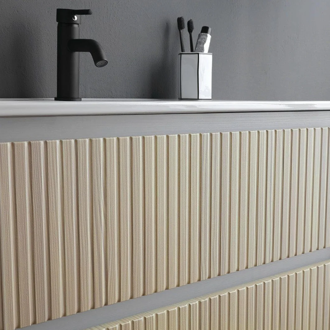 Kiamami Valentina - Mobile sospeso 100cm bianco con cassetti rovere cannettato e lavabo in ceramica | Bilbao