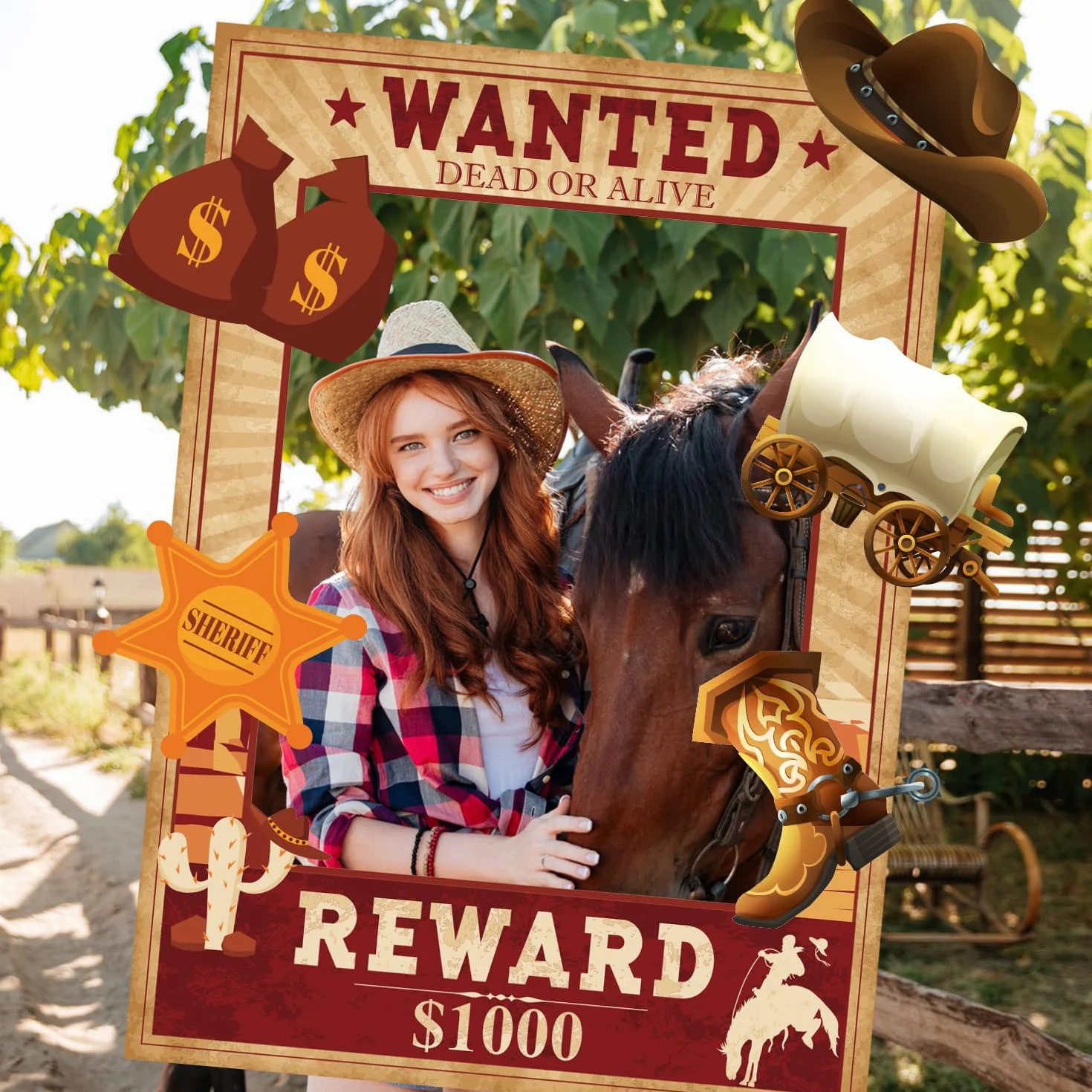 West Wanted Kit di Accessori per Foto a Tema Cowboy Festa Cowboy Decorazione Set di Accessori per Foto a Tema Cowboy Selvaggio Occidentale Poster per Foto Selfie da Cowboy Cowgirl Forniture