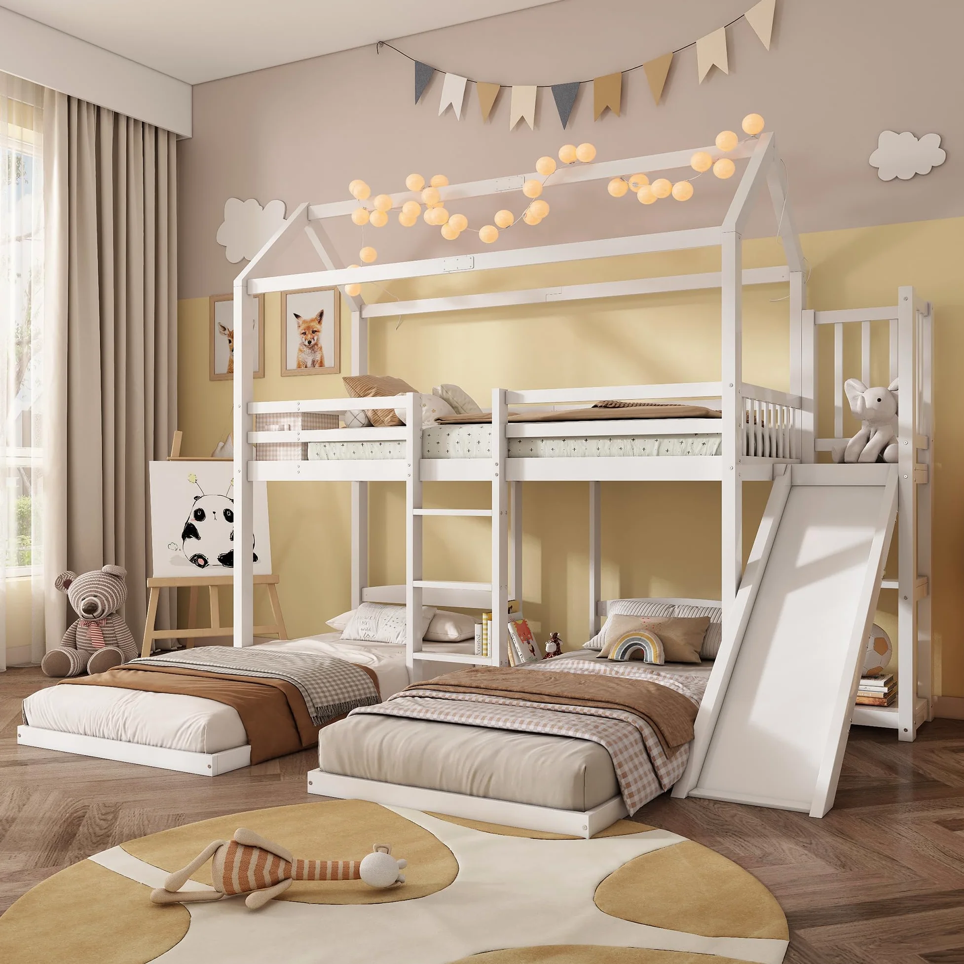 Letto a Castello 90 x 200 cm, Letto a Castello con Scivolo e 3 Posti Letto, per Ragazzi e Bambini (senza Materasso)