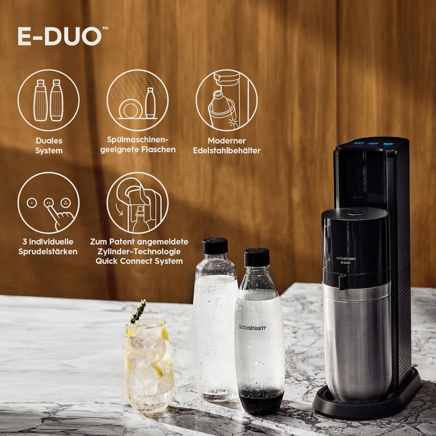 SodaStream E-Duo, spruzzatore elettrico con cilindro CO2, bottiglia di vetro e 2 bottiglie di plastica lavabili in lavastoviglie, altezza: 44 cm, colore: titanio