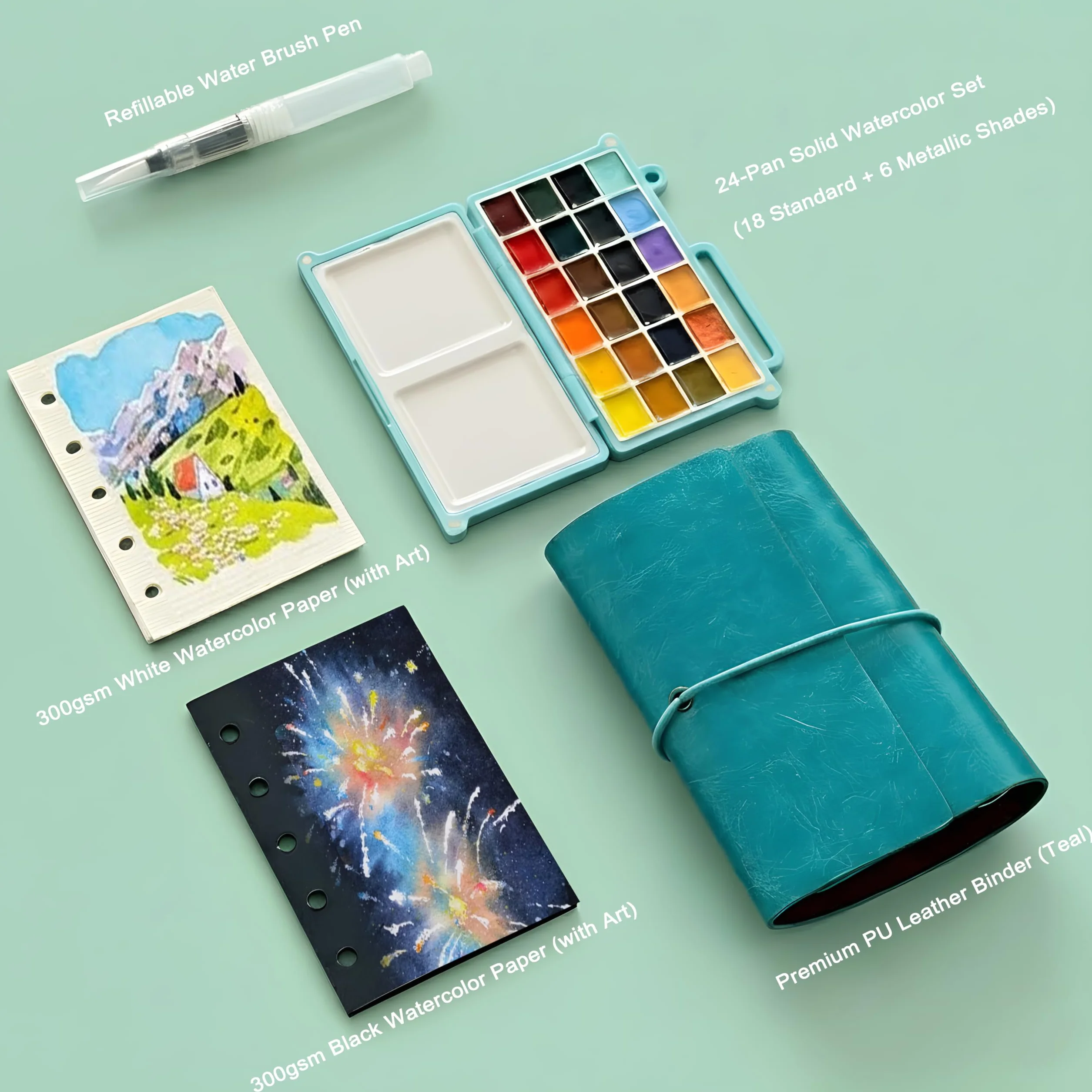 Set di pittura ad acquerello portatile per adulti – Kit da viaggio per acquerelli da 24 colori con taccuino (pagine bianche e nere), pennello e tavolozza ricaricabili, set artistico tutto in uno per