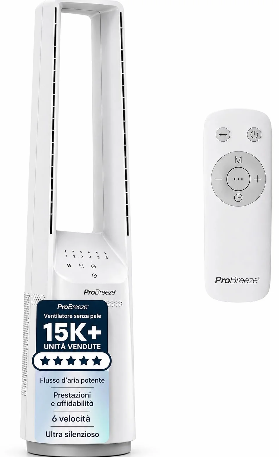Pro Breeze Ventilatore a Torre Bianco 101 cm Senza Pale – Motore DC Ultra Silenzioso, Telecomando, Display LED, 6 Velocità, 5 Modalità, Oscillazione Automatica 60°, Timer 7h, Ideale per Casa e Camera