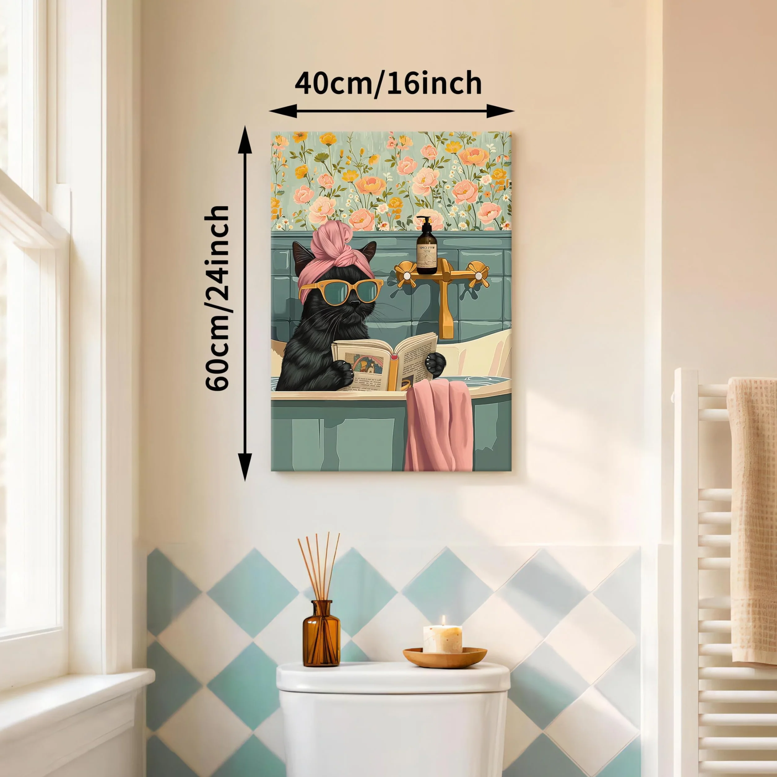 FajerminArt Divertente Bagno Stampe da Parete Gatto Nero Leggere Nella Vasca da Bagno Quadri Moderni Umorismo Animale Paesaggio Stampa su tela Quadro Pittura Poster Decor Bagno Camera da letto 40x60cm