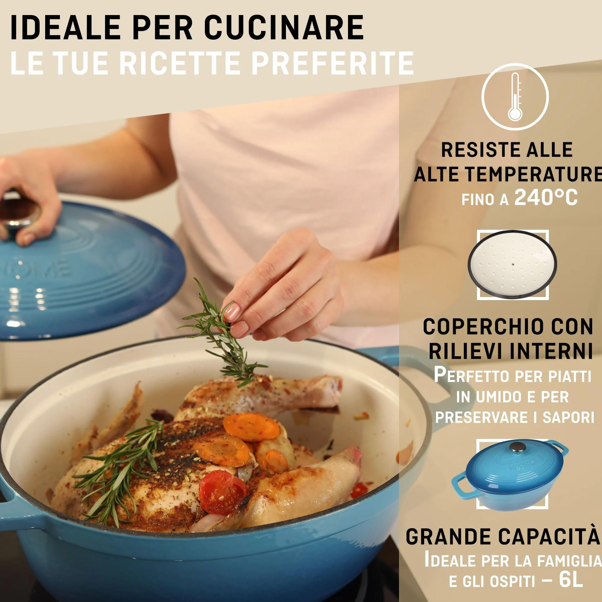 Casseruola in ghisa smaltata VeoHome Blu 6L Ovale, Robusta, Compatibile con Induzione / Gas / Forno, Cottura Omologa, Sapori Autentici, Coperchio in Rilievo