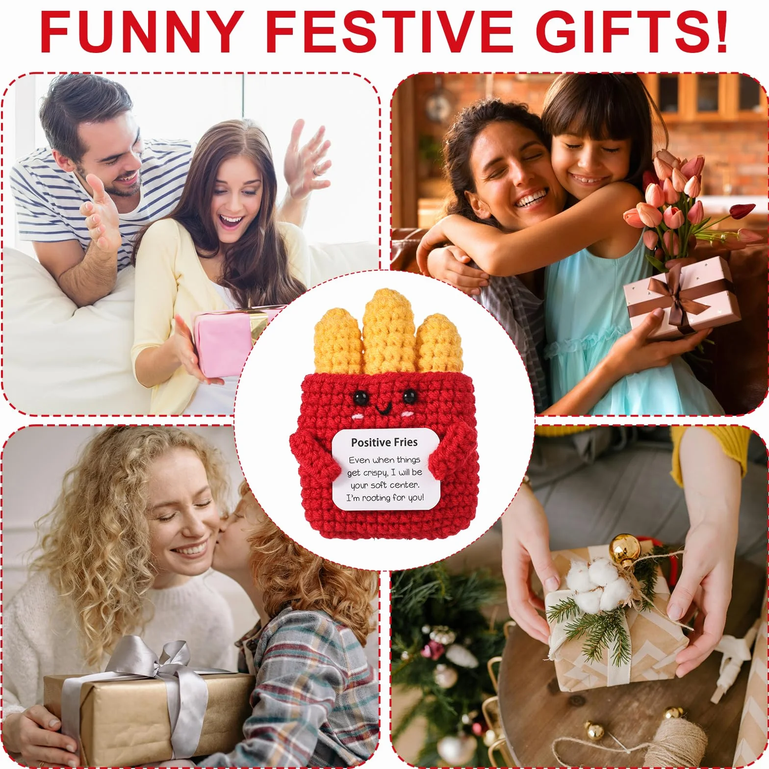 Mini Patatine Fritte Positive, 9cm Patatine Fritte a Maglia di Sostegno Emotivo Giocattolo Peluche Positivo con Carta Creativa Bambola all'Uncinetto Regalo di Incoraggiamento per Bambini Amici