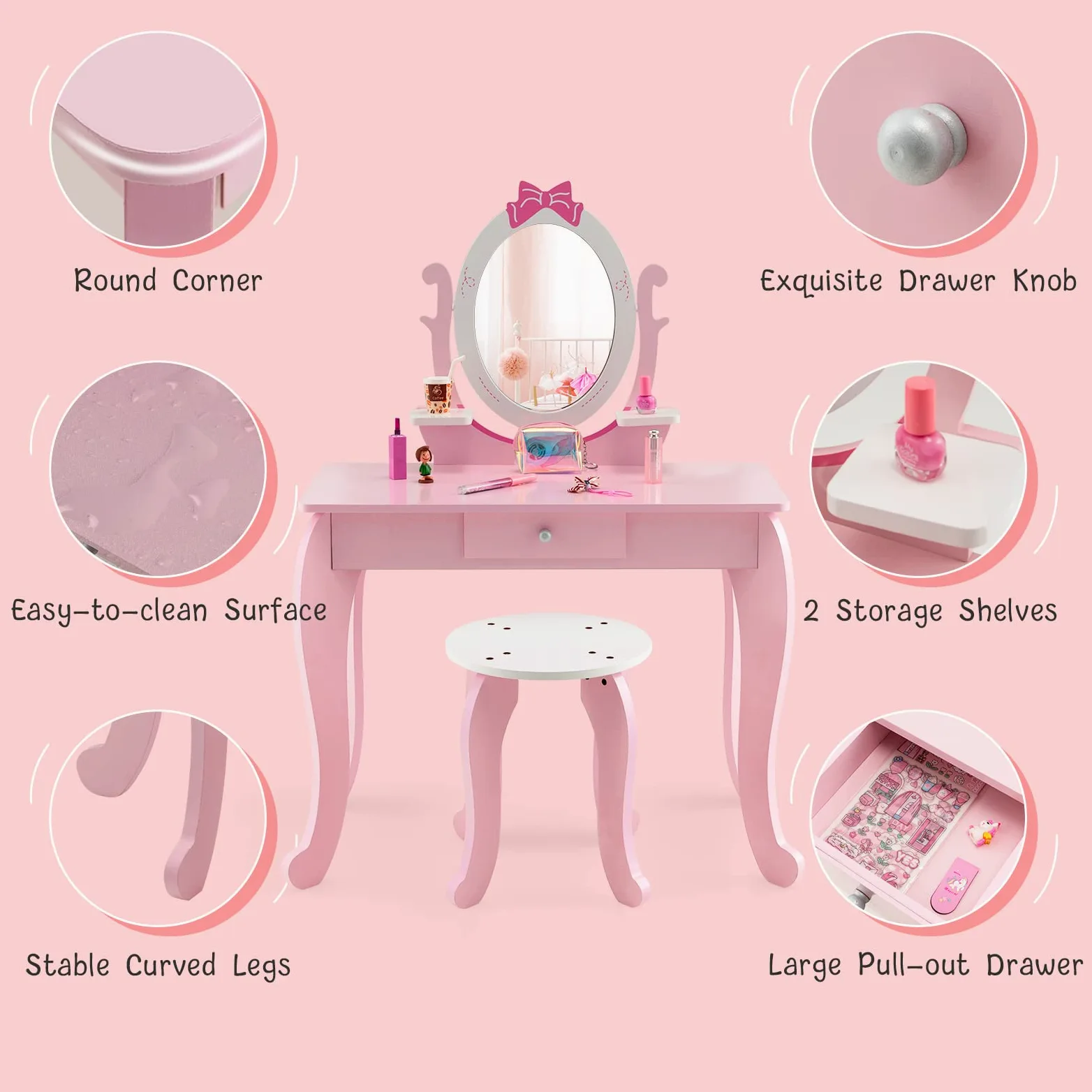 RELAX4LIFE 2 in 1 Toeletta Trucco Bambina con Specchio e Sgabello, Set Tavolo da Trucco con Specchio Rimovibile, Centro di Bellezza, Giocattolo da Trucco per Bambini dai 3 ai 7 Anni