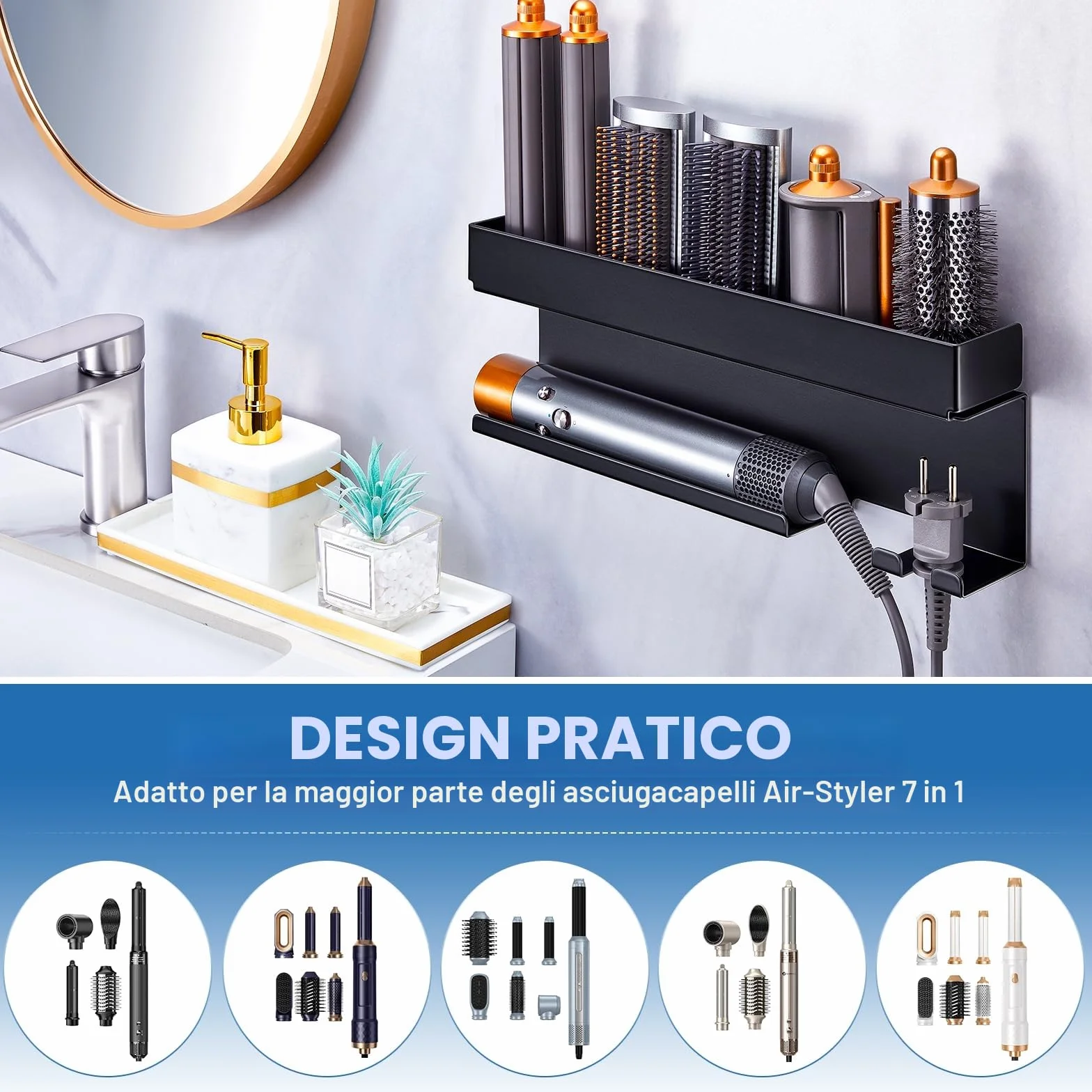 Supporto Phon Da Parete, Lo Stent Asciugacapelli È Adatto Per Gli Accessori Styler Curling Device, Supporto Autoadesivo Per Asciugacapelli, Porta Phon Bagno (Nero)