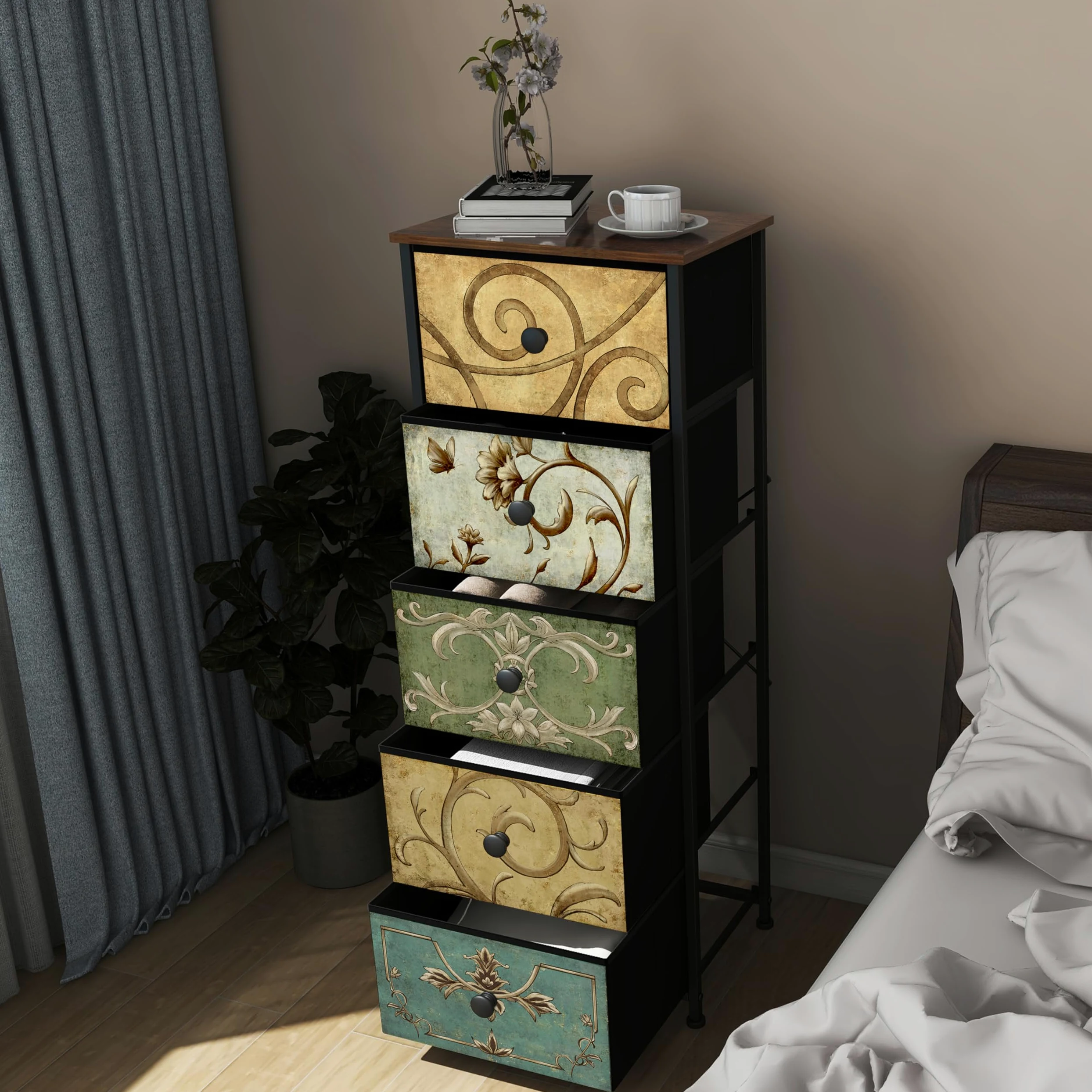 VEDECASA Cassettiera con 5 cassetti in tessuto alto e stretto, armadio da toeletta bohémien, armadio per camera da letto, armadio industriale per soggiorno, camera dei bambini, corridoio