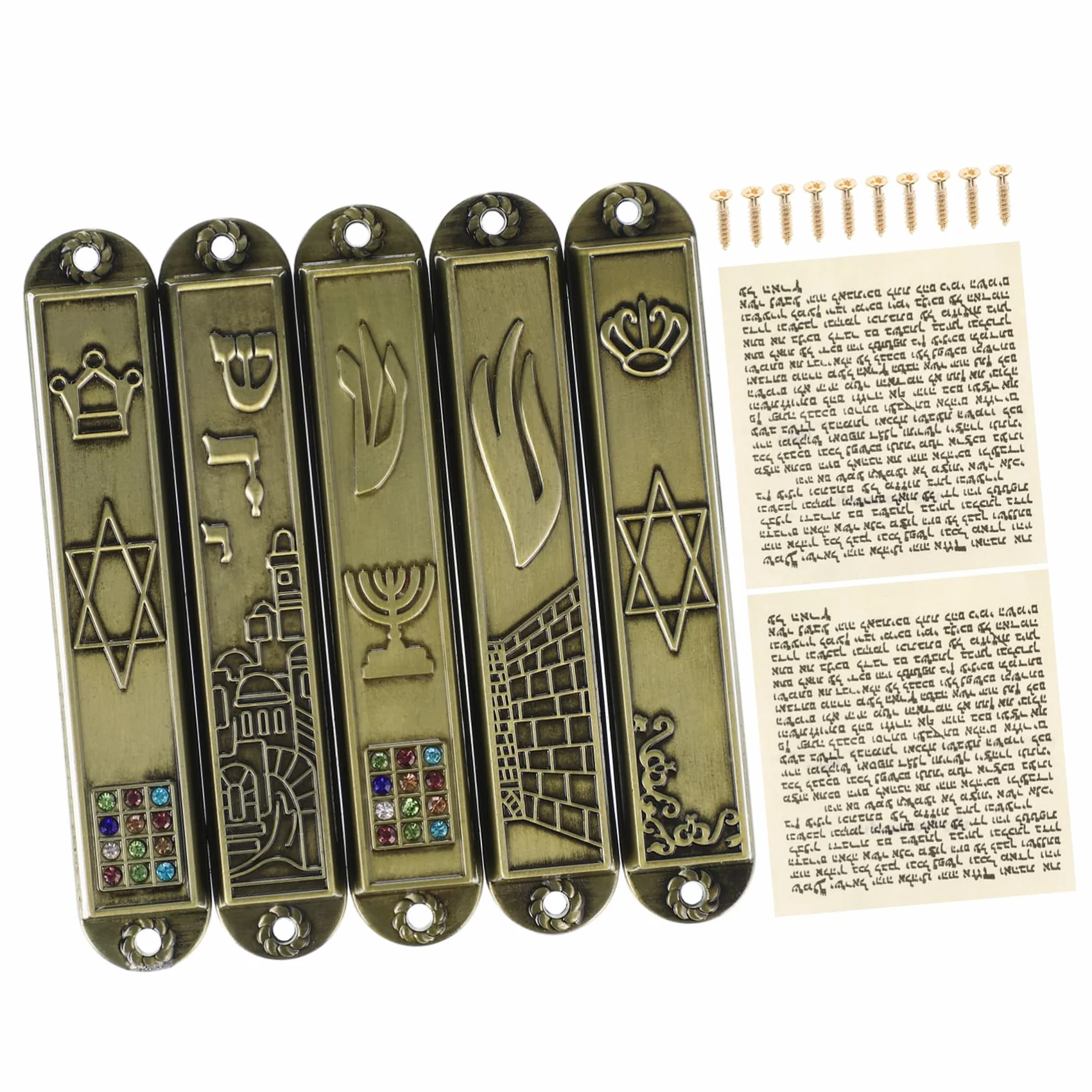 Mezuzah Religiosa in Metallo Vintage Incisioni Decorazione Cattolica Simboli Ebraici Set da 5 Pezzi
