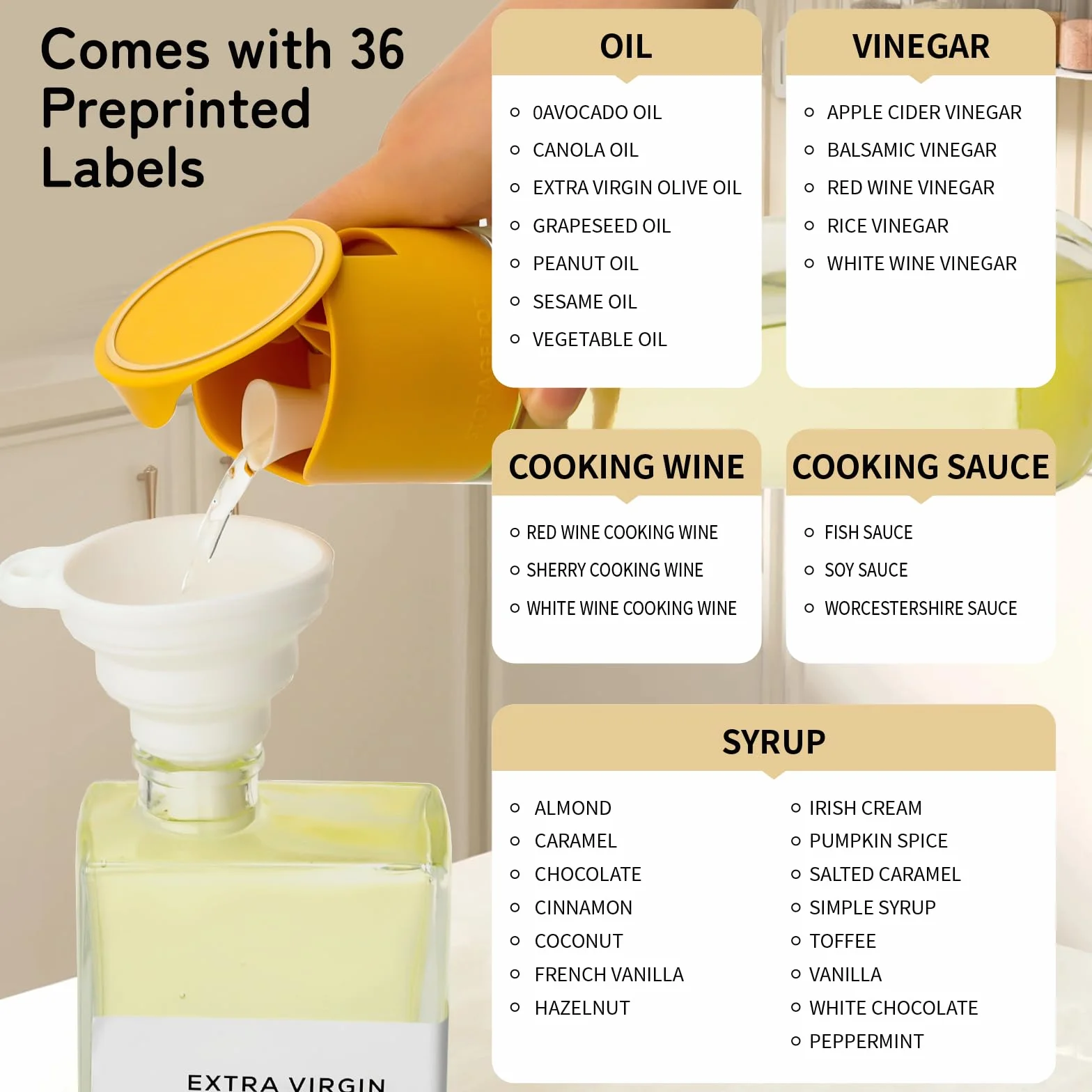 VINATO 2 Pezzi Porta Olio Set, 500ml Oliera Vetro Con Beccuccio, Imbuto1, Etichette36 Per Olio E Aceto, Bottiglia Olio Per Cucina, Caffè E Bar