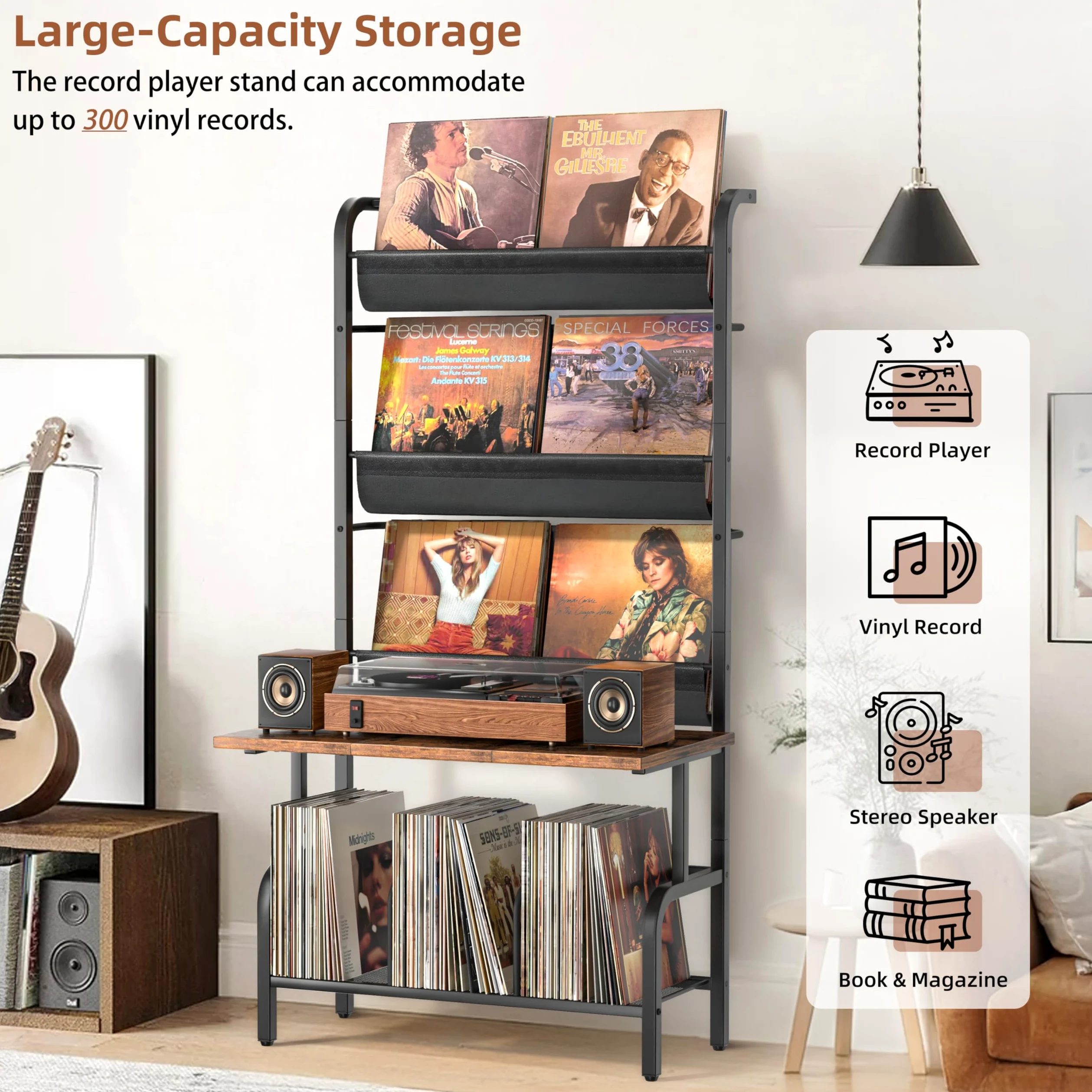 Bikoney Mobile per Giradischi con Porta Vinili a 3 Livelli, Supporto ad Alta Capacità per 300 Album e Dischi LP, Tavolino con Fissaggio a Parete per Massima Stabilità, Grande