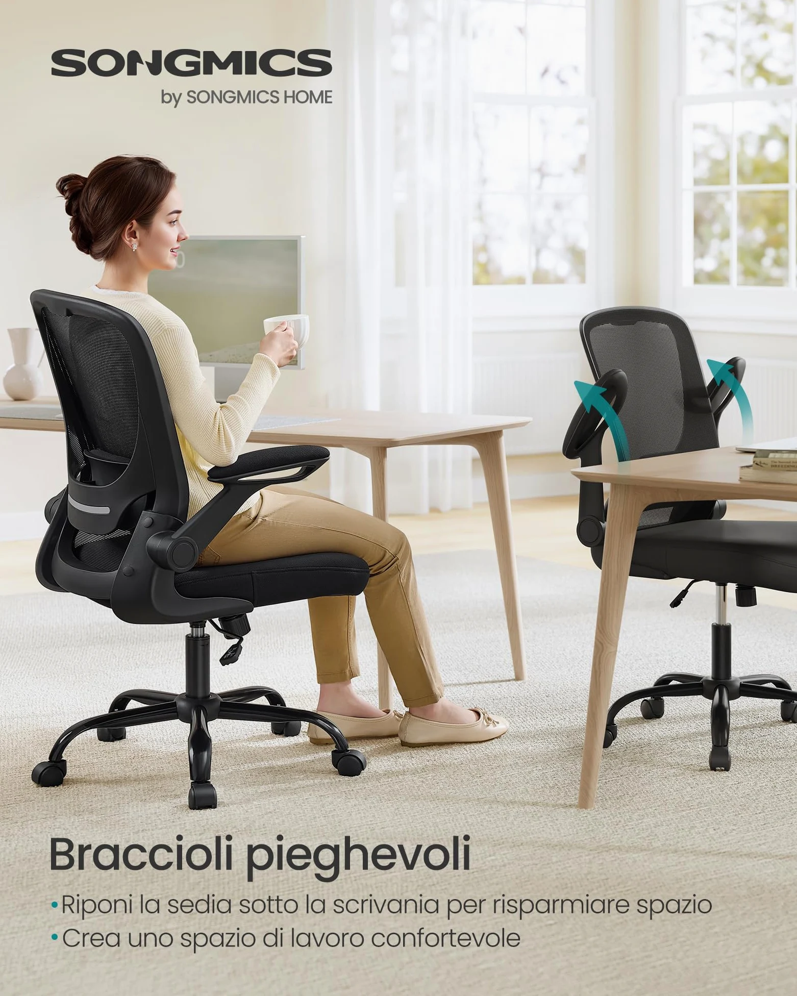 SONGMICS Sedia da Ufficio Girevole, Sedia di Rete da Computer Ergonomica, Supporto Lombare, Oscillante, Seduta 53 cm, Braccioli Pieghevoli, Nero OBN37BK