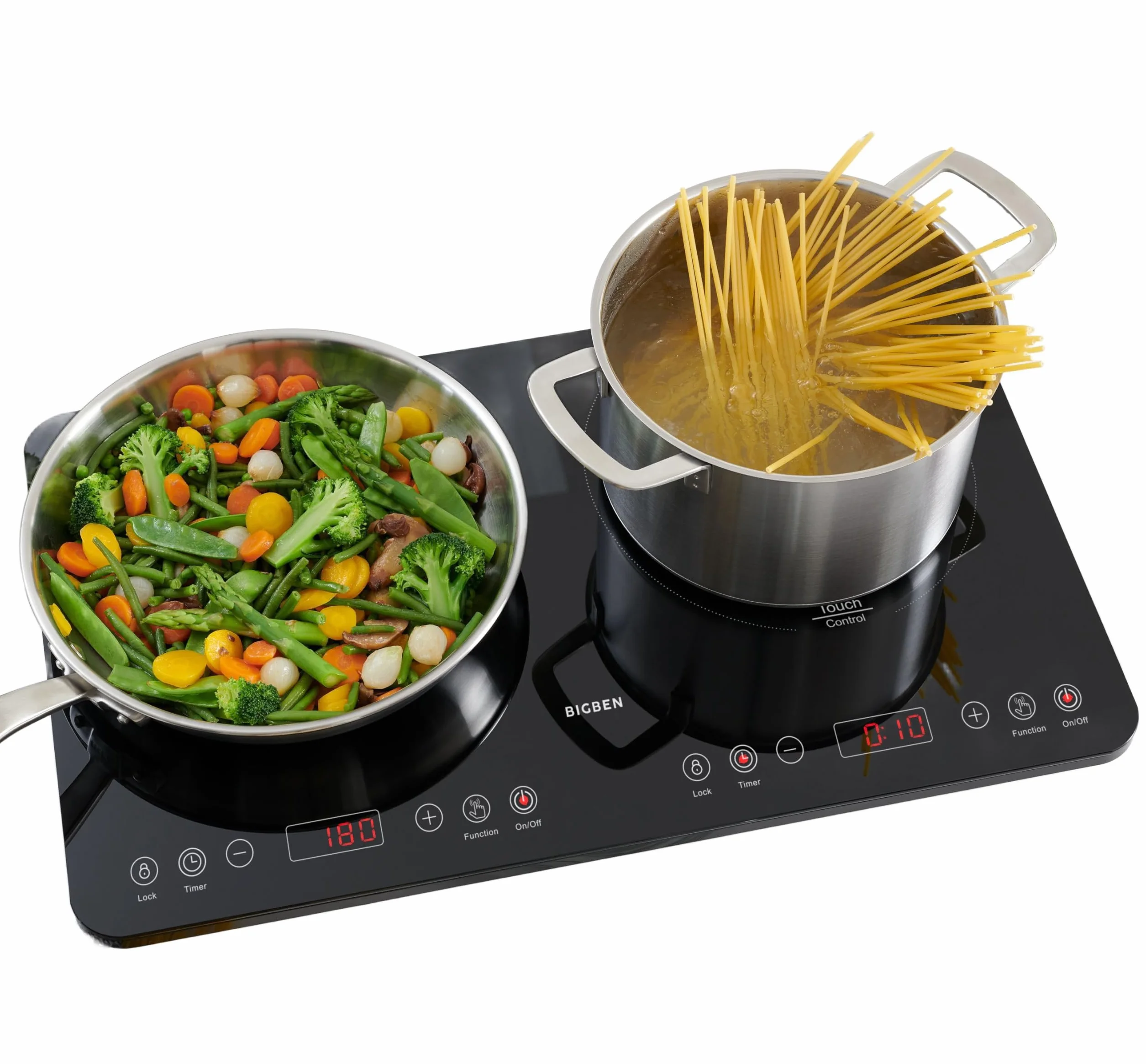 Bigben - Doppio piano cottura a induzione CKDUO2BK, 3500 W, 2 fuochi, timer, controllo della temperatura 60-240 °C, facile pulizia