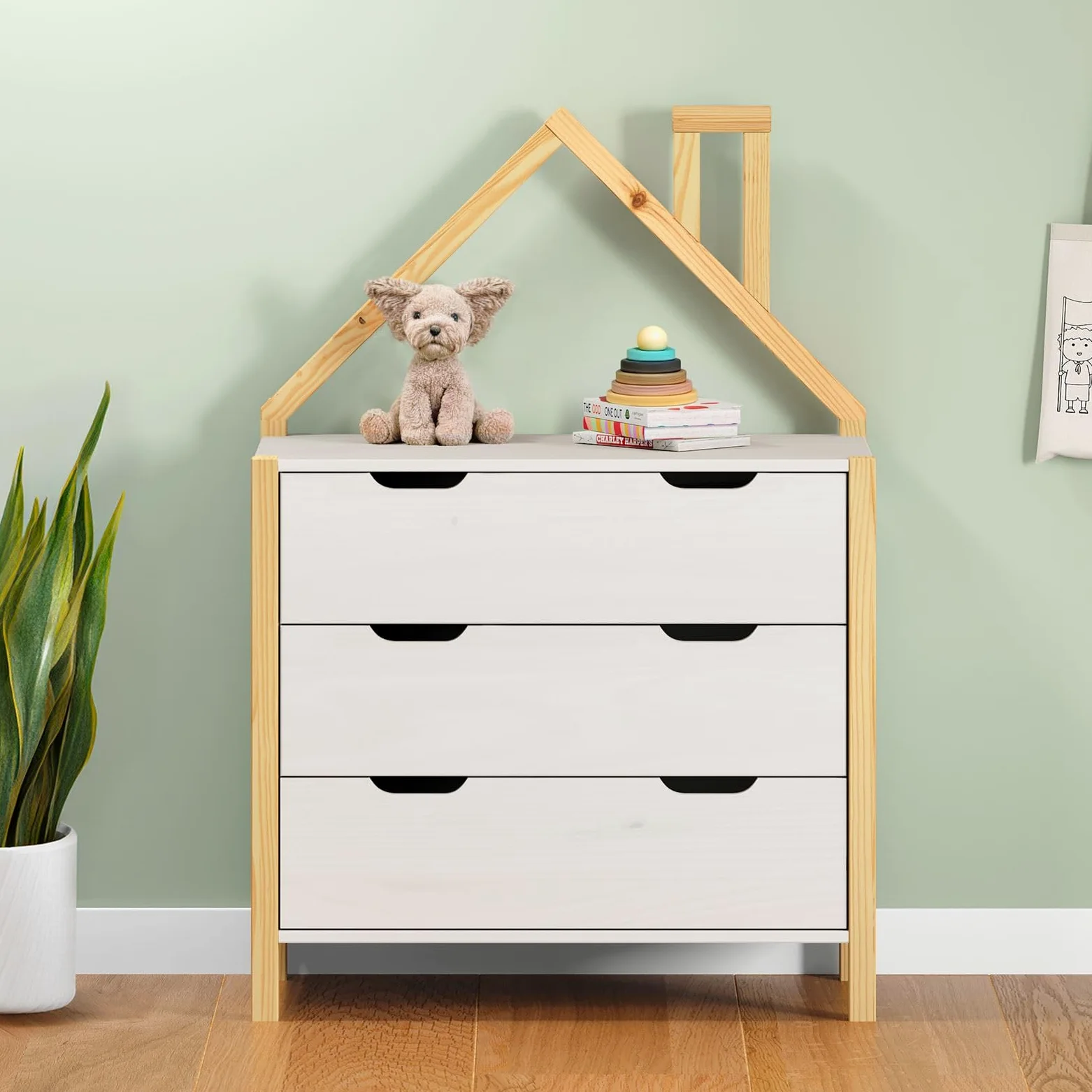 IDIMEX Cassettiera ELANO a forma di casa – bianco in legno di pino massiccio, 3 cassetti grandi, per cameretta dei bambini, armadio, cassettiera