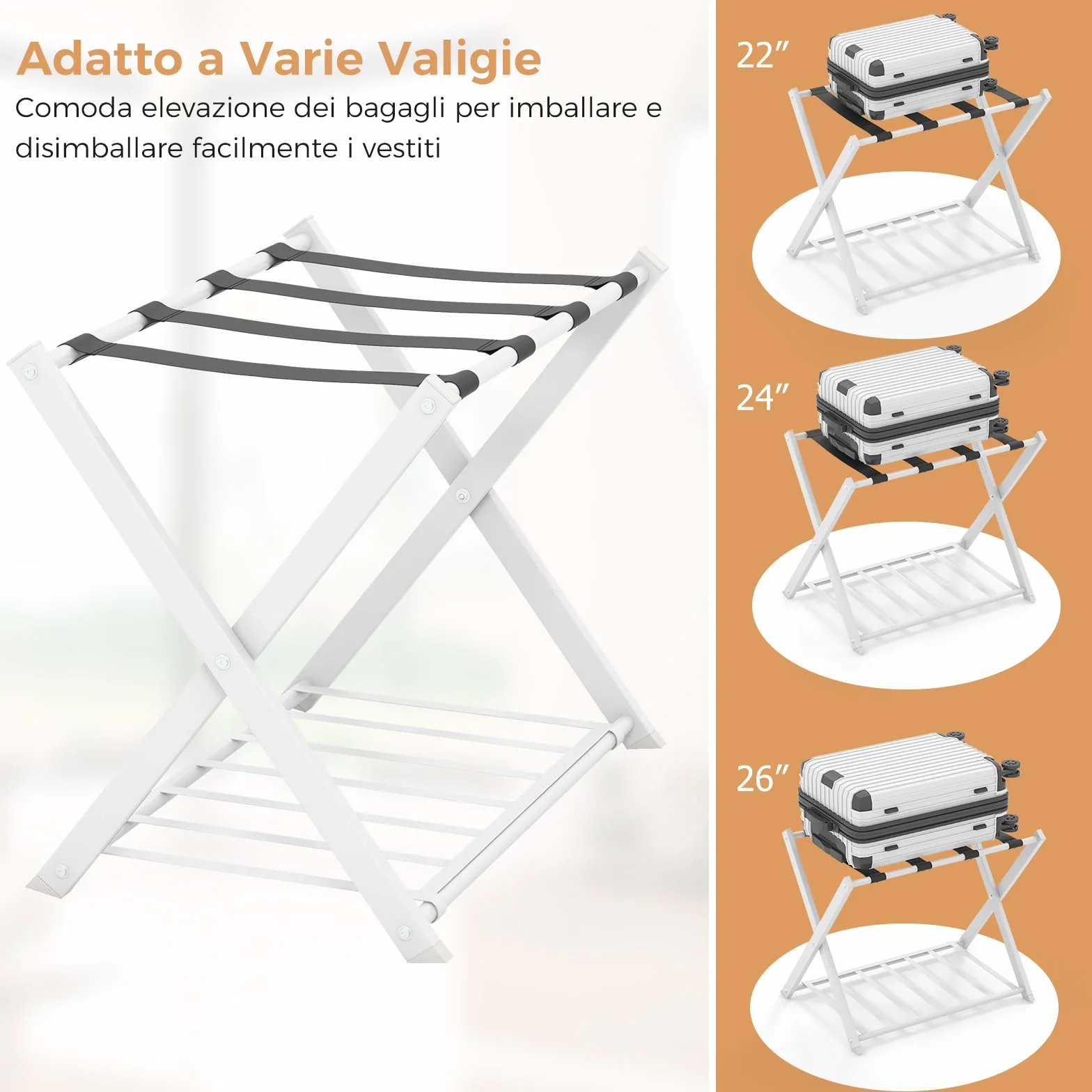 GYMAX Portavaligia da Hotel in Ferro 50 kg Pieghevole a 2 Ripiani 68x45x57 cm 2 Pezzi Bianco