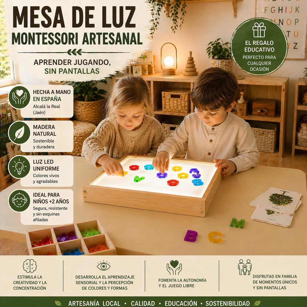 Tavolo luminoso Montessori 60x40 cm giocattolo educativo in legno luce LED