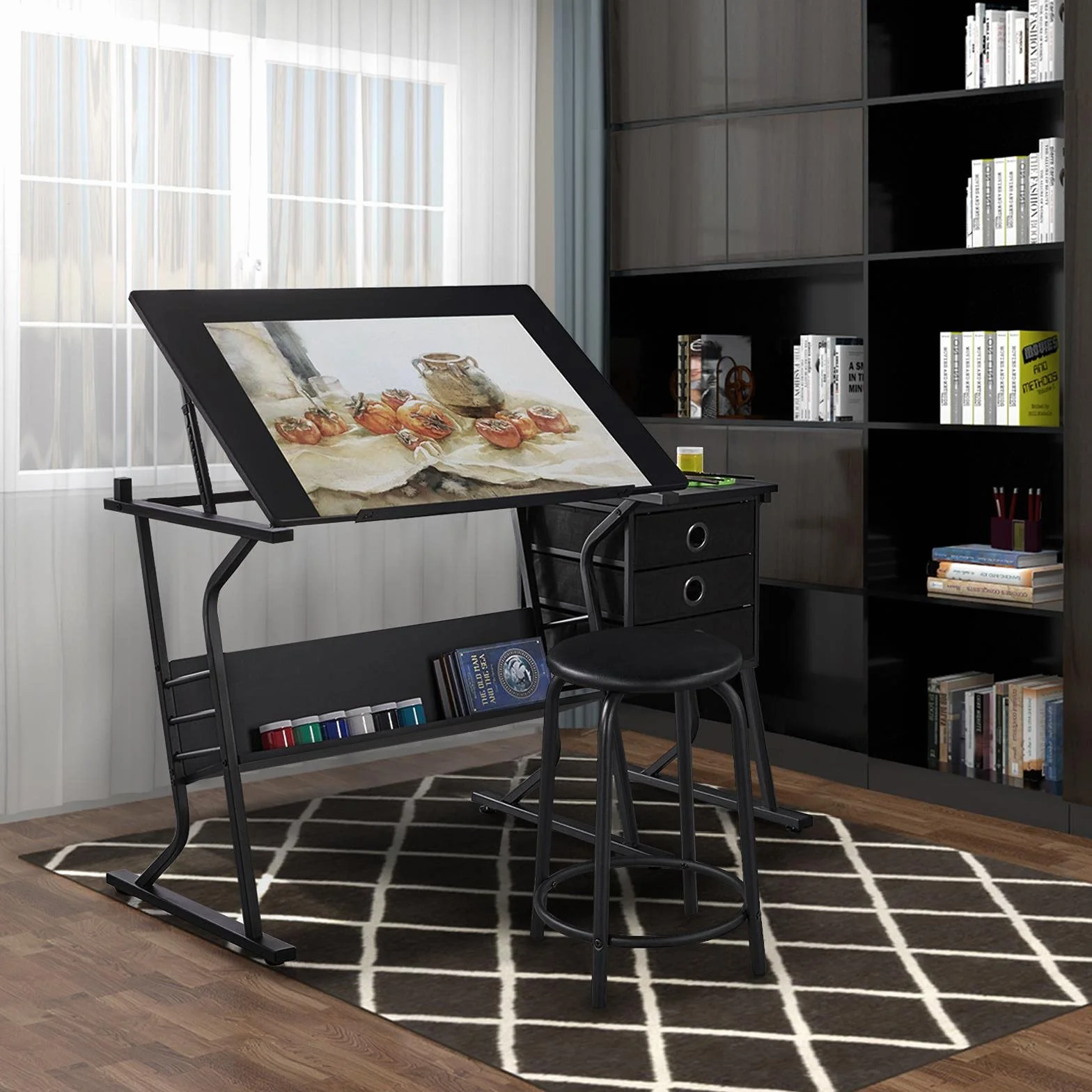 Yaheetech Set Tavolo da Disegno Inclinabile con Sgabello con 3 Cassetti Vassoio Toggle Scrivania per Disegnatore Architetto Pittore Ingegnere Nero