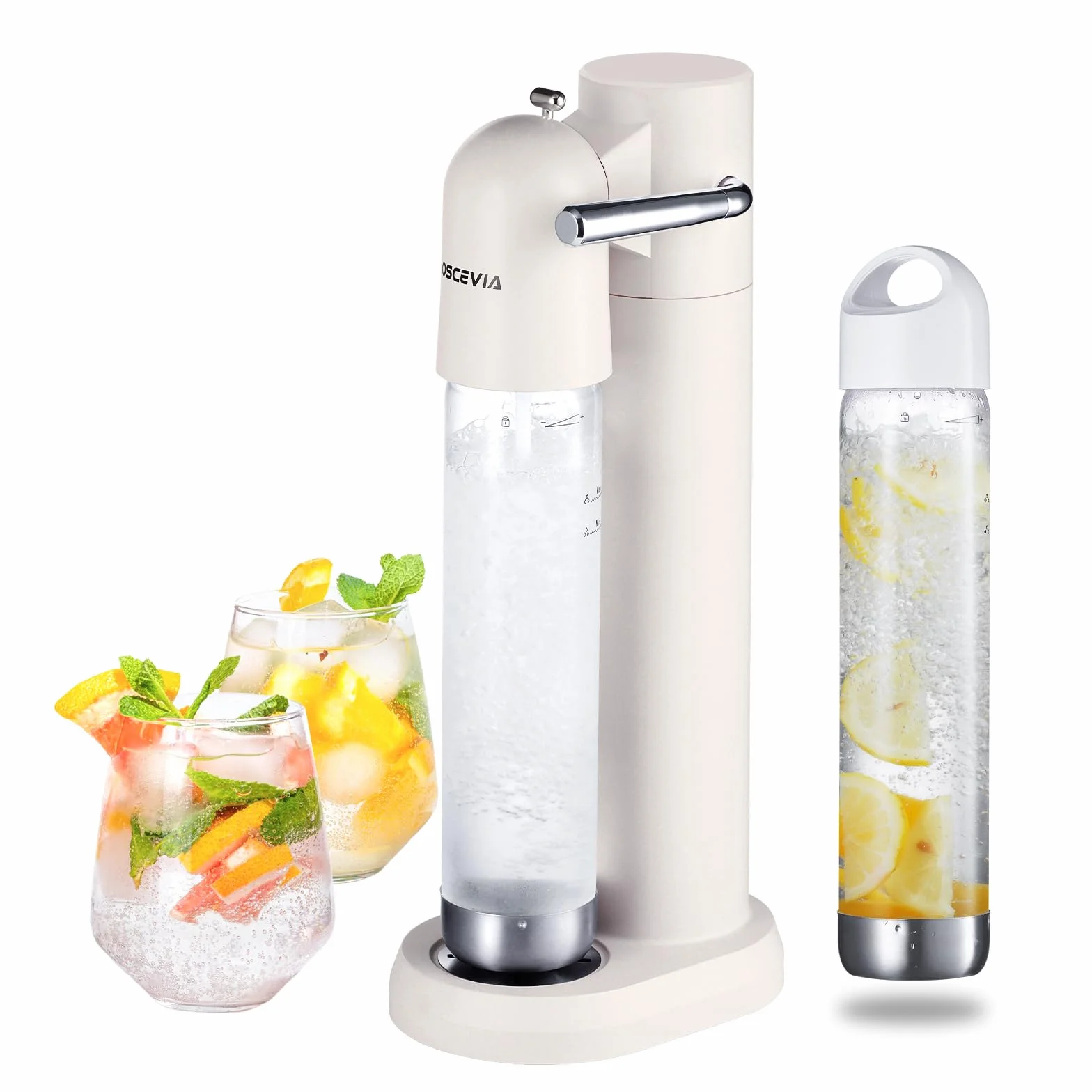 Macchina per Acqua Frizzante per Casa, Macchina per Soda con 2 Bottiglie Senza BPA (1L + 1L), Compatibile con Bombola CO₂ 60L (Non Inclusa), Bianco
