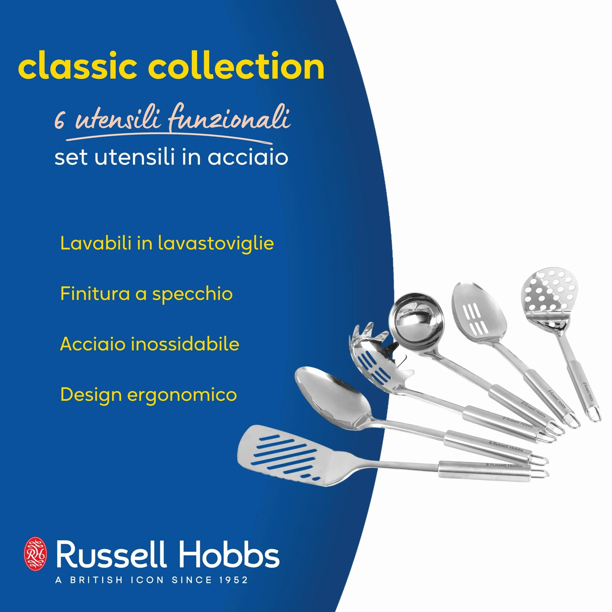 Russell Hobbs® RH00123 - Set di utensili da cucina in acciaio inossidabile con supporto, 6 pezzi,Include cucchiaio solido e a taglio, Turner, Ladle, Masher e Pasta Server