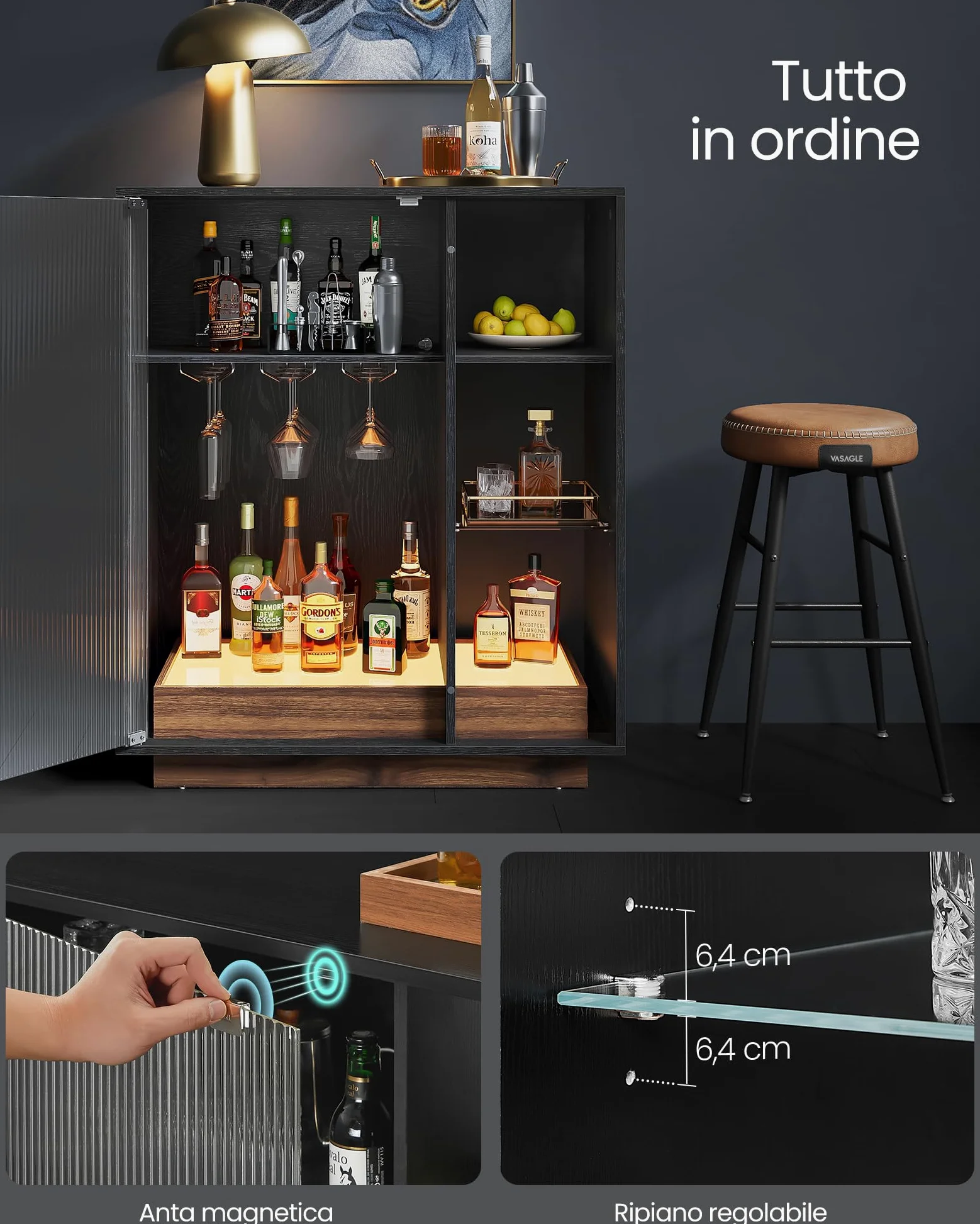 VASAGLE Mobiletto Bar con Illuminazione, Credenza con Luce LED e Spazio per Vino, Angolo Bar per Liquore, con Porta Calici, Anta in Vetro Scanalato, per Salotto, Nero Ebano BBK361B21