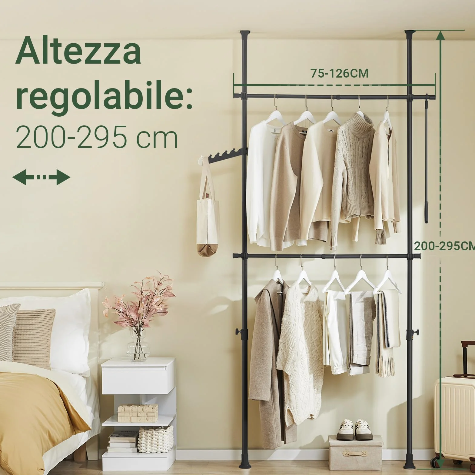 SoBuy Appendiabiti Telescopico, Stand Appendiabiti Robusto, Guardaroba Aperto Regolabile con Barre Appendiabiti per Camera da Letto, Cabina Armadio, Nero FRG109-II-SCH