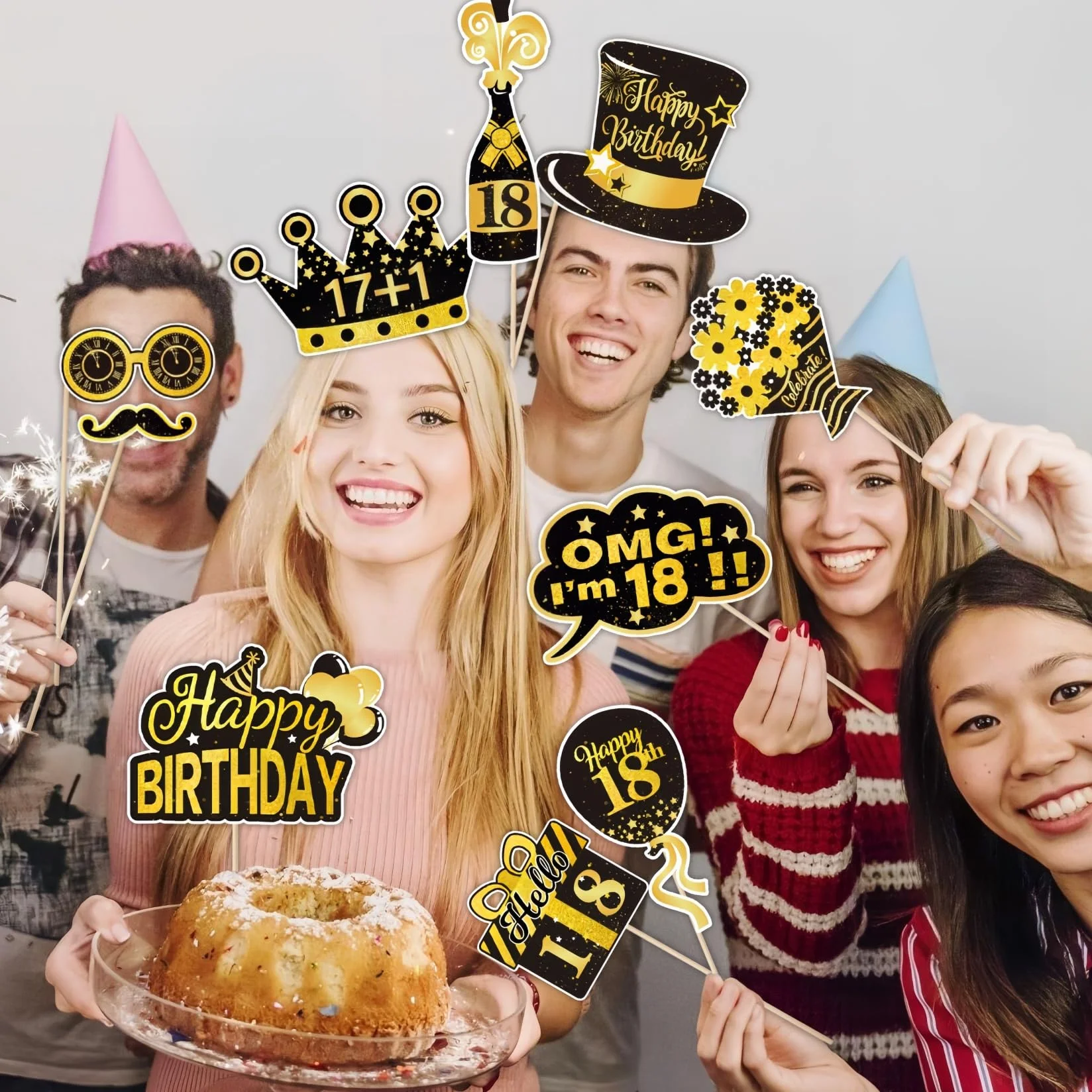 Photo Booth Compleanno 18 anni, 30 Pezzi Foto Props per Feste e Compleanni con Nero Oro, Spiritosi Fai da Te Gadget 18 anni Ragazza Ragazzo per Invitati (18th)