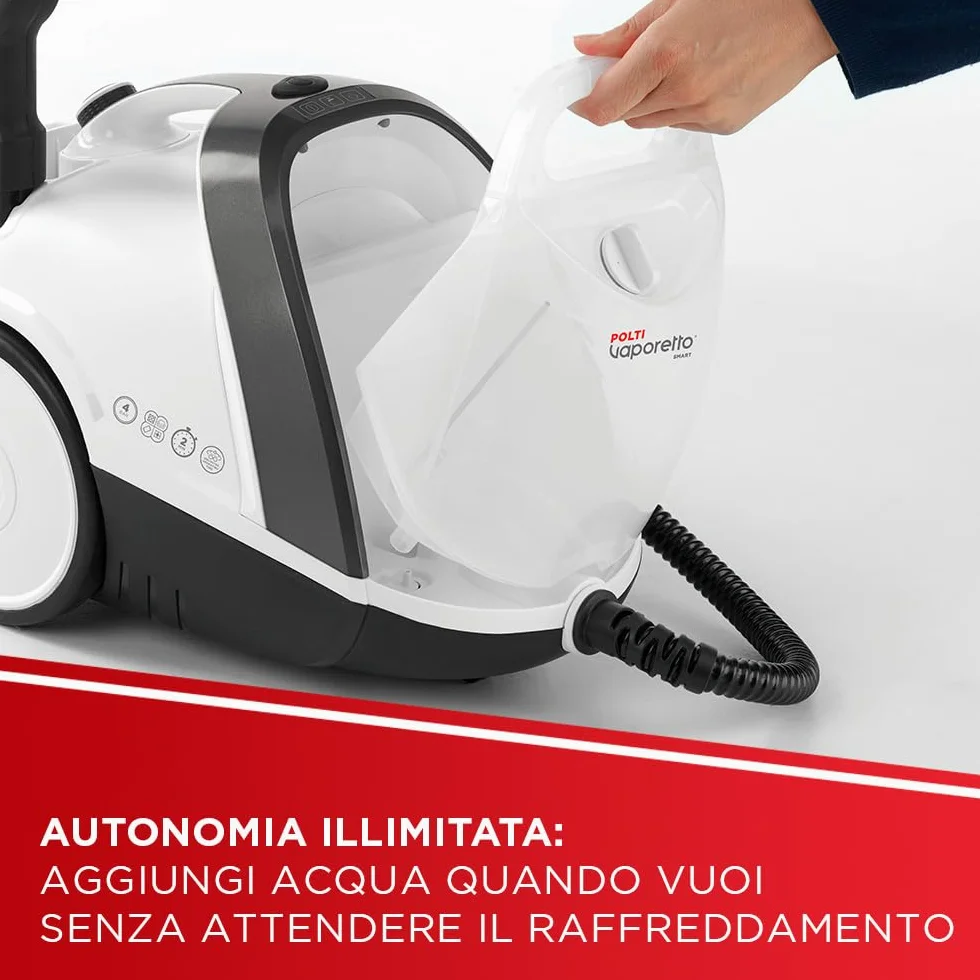 Polti Vaporetto Smart 120, Pulitore A Vapore con Caldaia, Pressione 4 Bar, Potenza Max 1500 W, Serbatoio Estraibile 2 L, Riscaldamento in 2 Minuti, 14 Accessori inclusi, Bianco e Nero