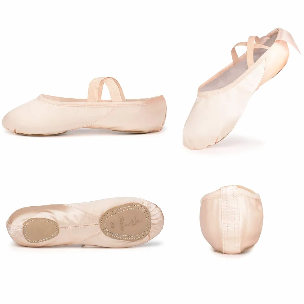 Scarpe da Danza Classica Raso con Nastro Suola Divisa in Pelle per Bambini e Adulti