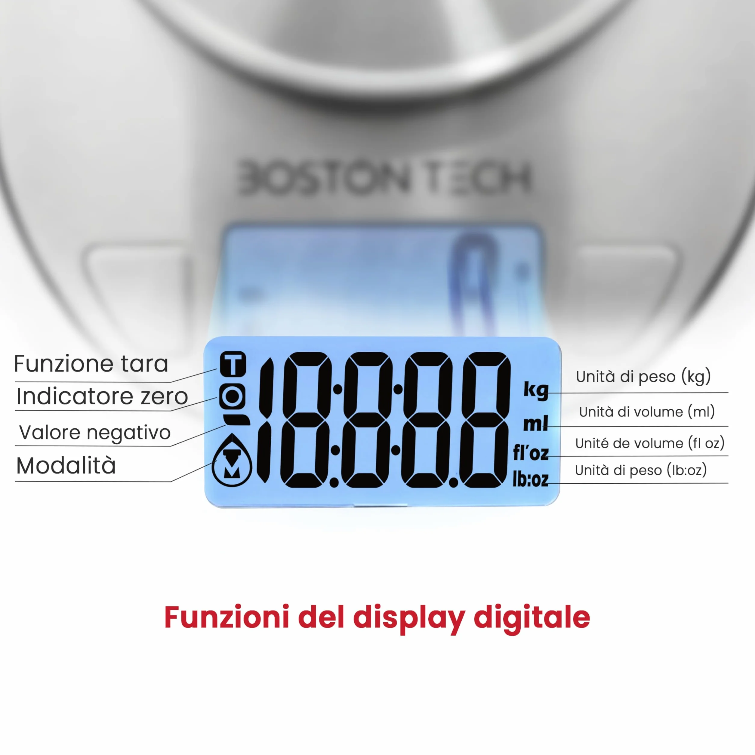 Boston Tech Bilancia Cucina Digitale con Ciotola Rimovibile in Acciaio Inox, Bilancia da Cucina 5 kg/1 g, Display LCD Retroilluminato, Funzione Tara, Batterie Incluse e Ricettario QR