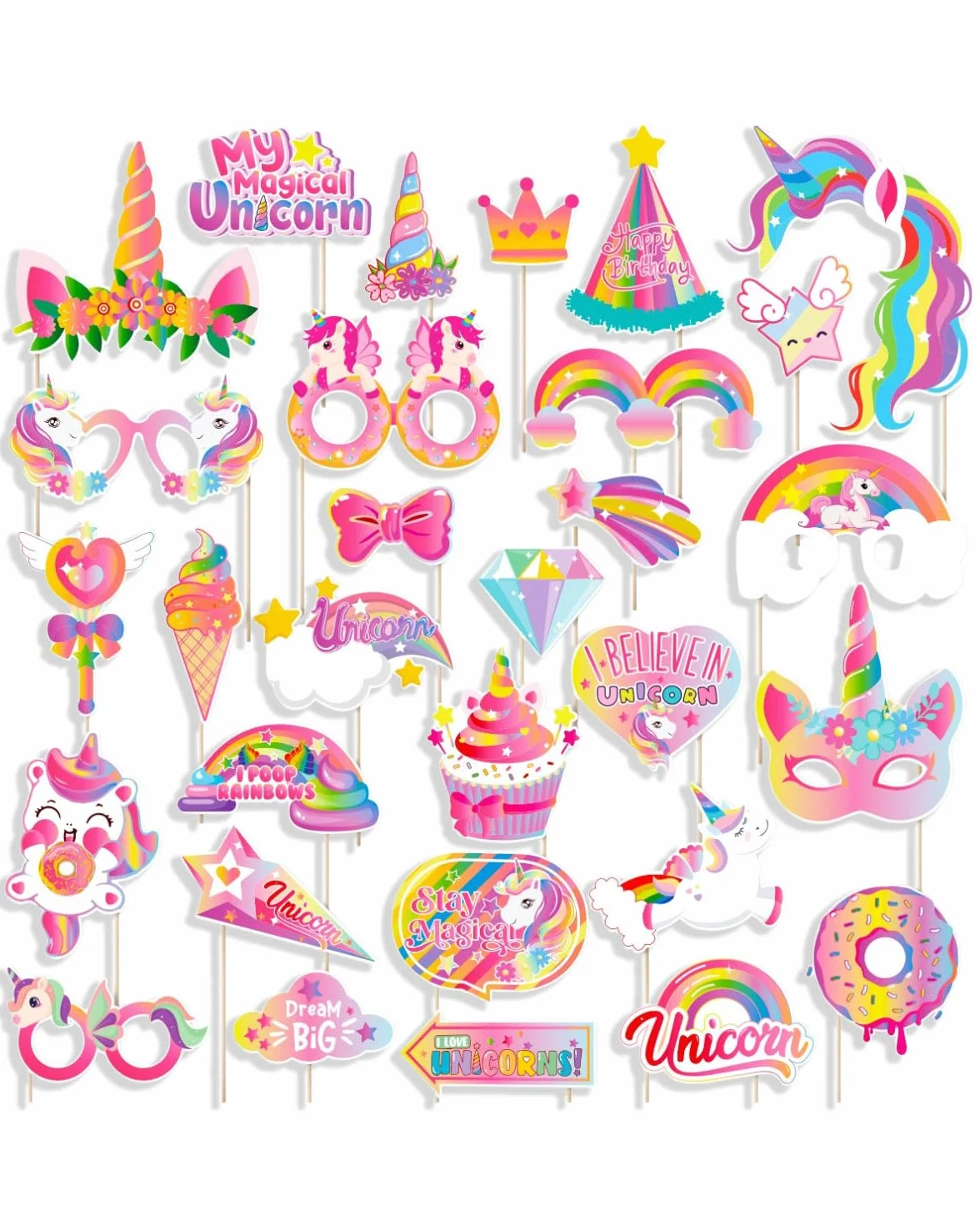 30pcs scatole fotografiche con accessori in rosa, accessori per feste di compleanno, per donne, vintage, accessori per feste, carnevale, accessori per foto（unicorno）