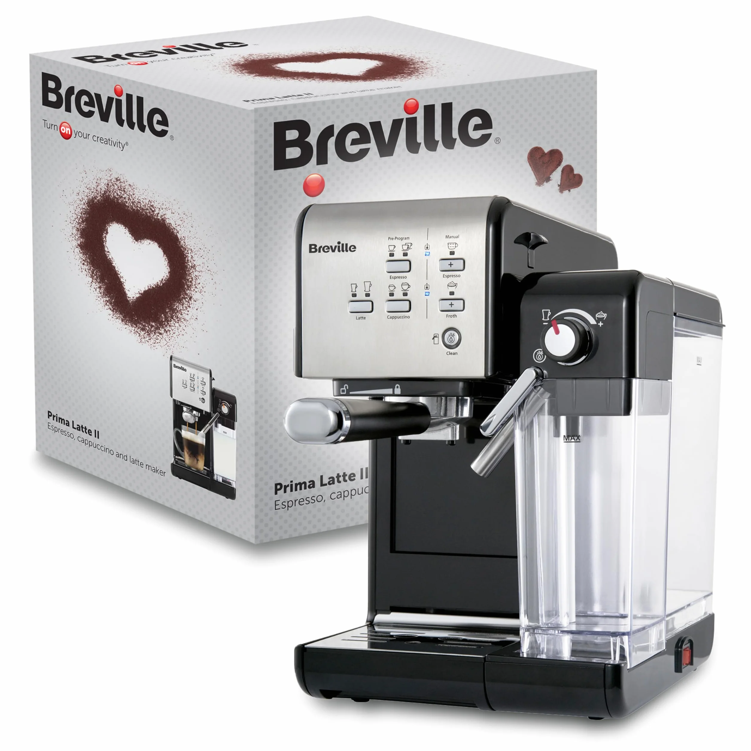Breville Prima Latte II Espresso, Macchina per latte e cappuccino, Pompa professionale da 15 bar e montalatte, Argento VCF108X