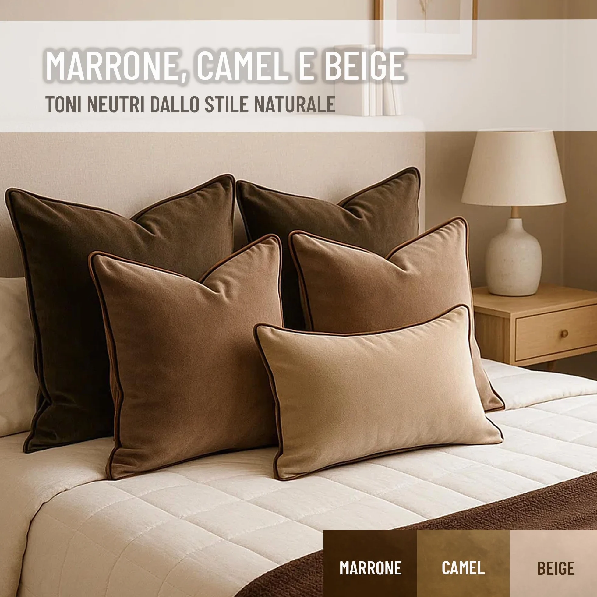 Set di 2 Fodere decorative per Cuscino. Modello OXFORD. Realizzate in velluto extra morbido. Design moderno con bordo a contrasto. Imbottitura non inclusa. (Camel/Marrone, 45x45cm)