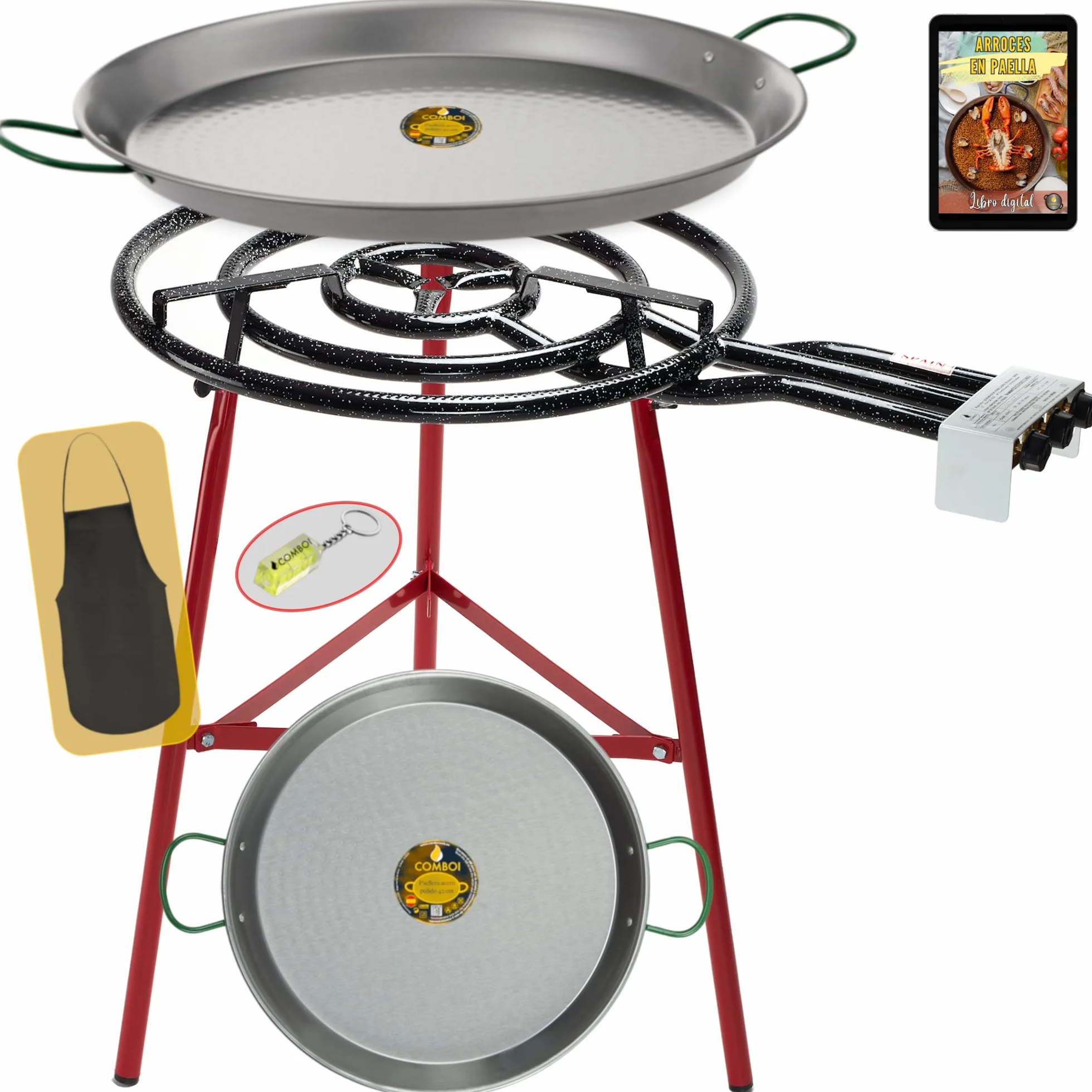 COMBOI - Kit Paellero gas butano 60 cm, Bruciatore paella, paella da 70 cm + paellera 42 cm, supporto gambe rinforzate, livello, grembiule, ricettario digitale