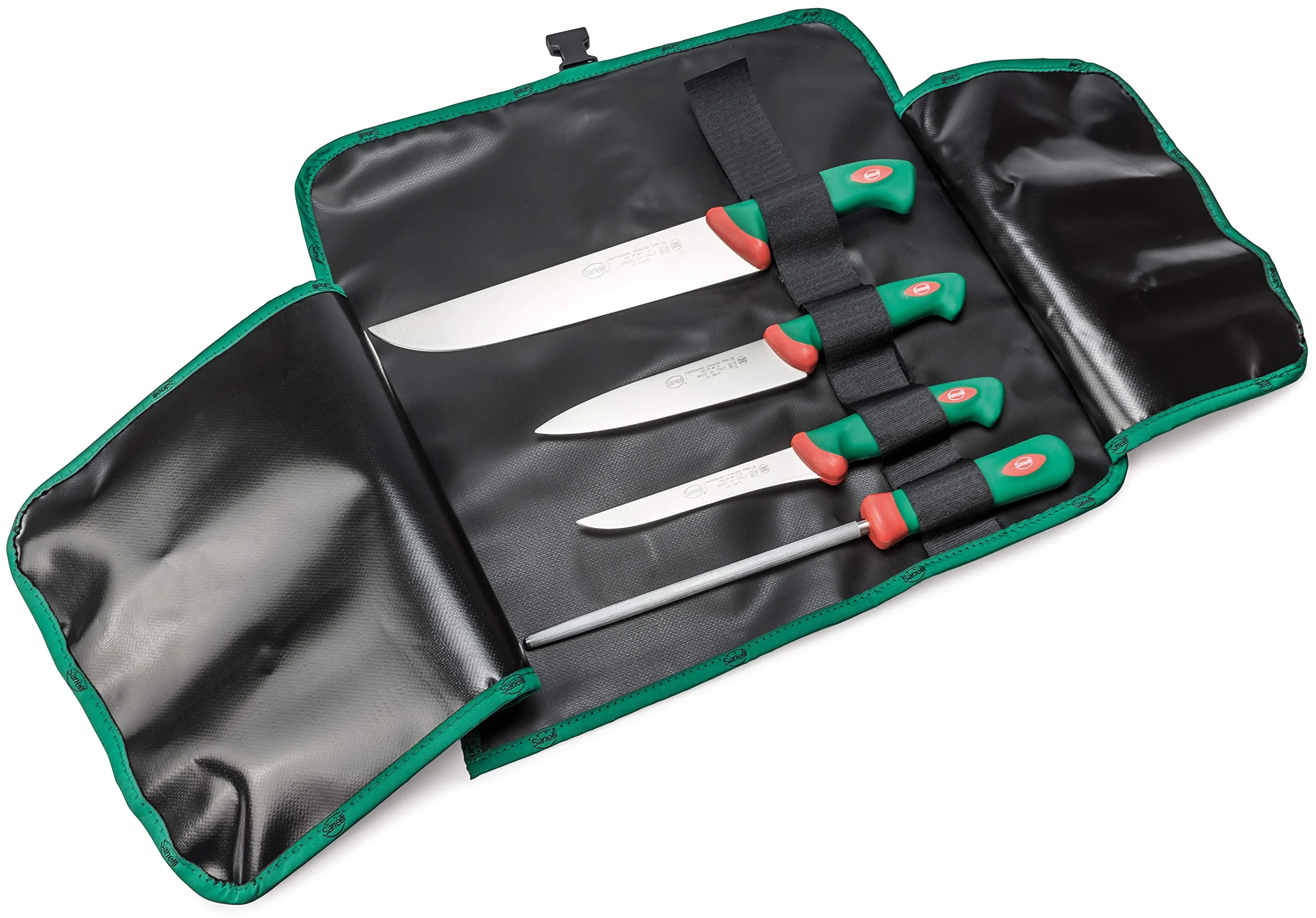 Sanelli linea Premana Professional, Set coltelli Macellaio, Rotolo cuoco, Nero/Verde/Rosso
