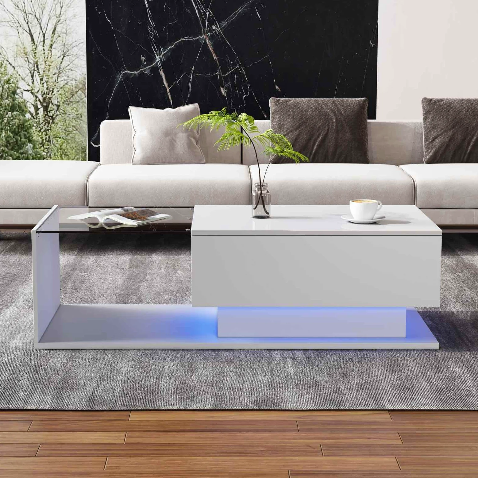 KOMHTOM Tavolino salotto bianco con piano in vetro Tavolino basso da salotto, tavolino da caffè a LED con cassetto Tavolino moderno Mobili da soggiorno (bianco)