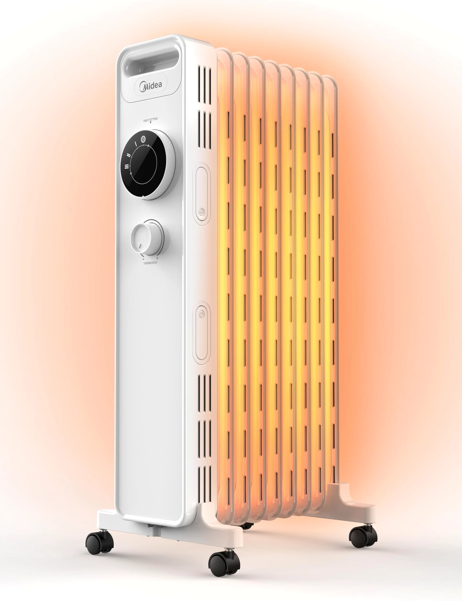 Midea NY2009-22M Radiatore ad olio 2000 W, termoventilatore a risparmio energetico, silenzioso, radiatore a 9 costole, termostato regolabile, 3 livelli di riscaldamento, protezione antigelo, display