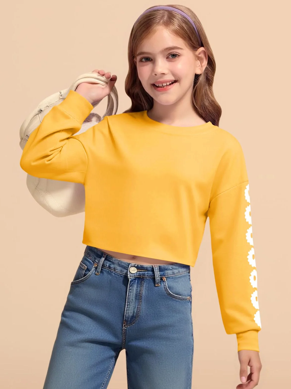 Imily Bela Felpa da Ragazza con Margherite Pinted Crop Top Maglione a Maniche Lunghe Pullover