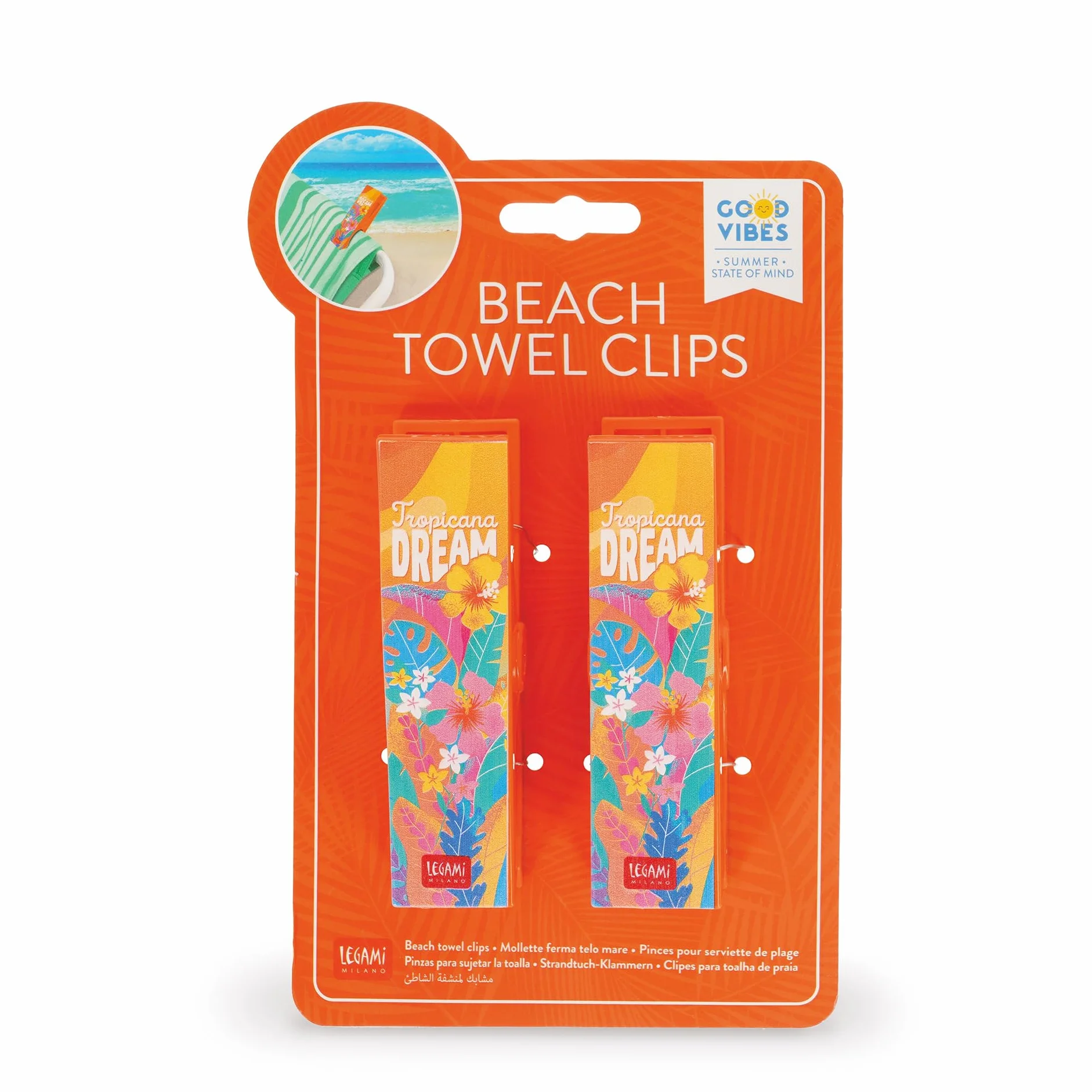 Legami - Set Mollette Ferma Telo Mare, 2 Mollettoni Colorati per Asciugamano da Spiaggia, per Bucato, Lettino, Sdraio, Sedie da Piscina, per Evitare che il Tuo Telo Voli Via