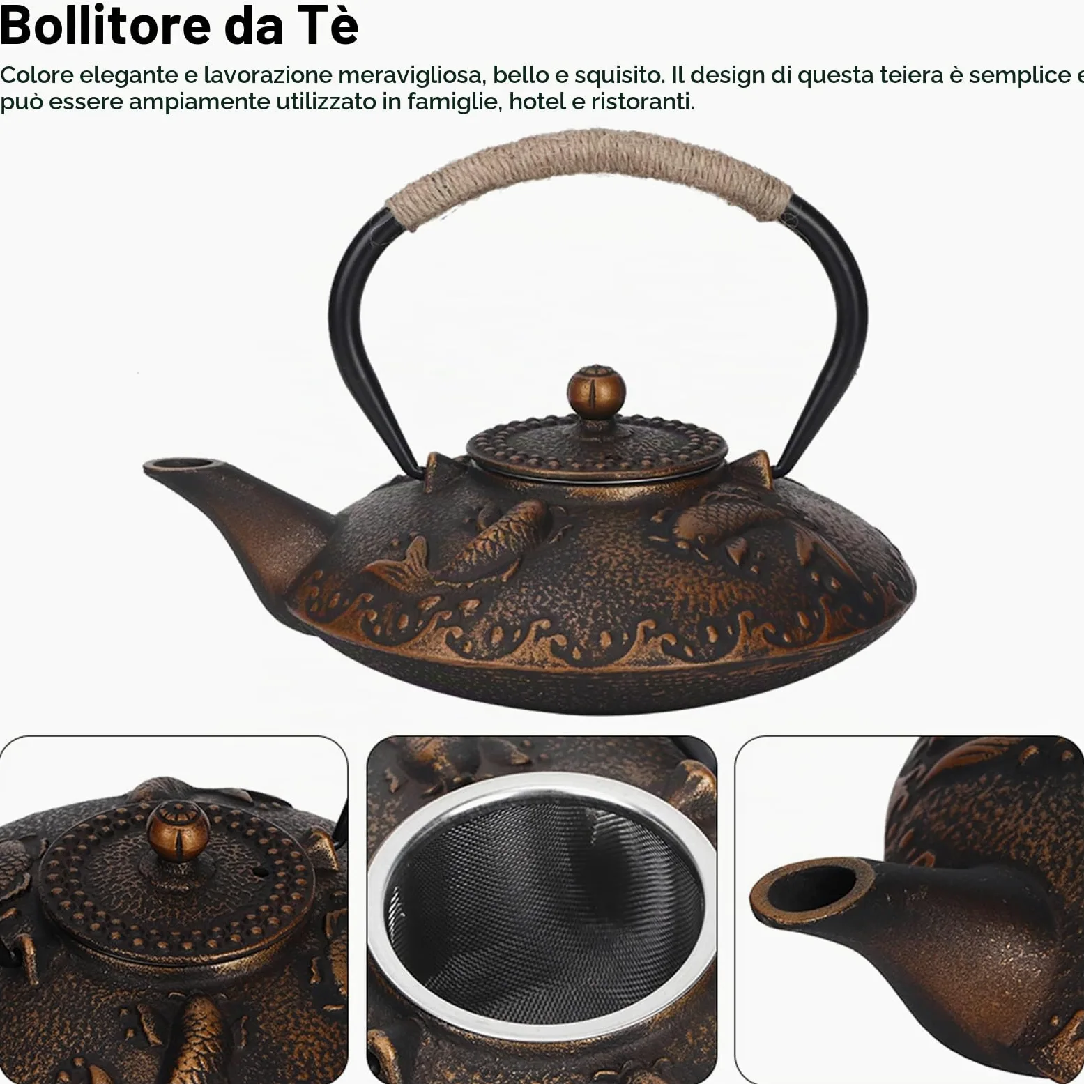 Bollitore in Stile Giapponese da 0,9 Litri in Ghisa Modello di Pesce Koi Bollitore con Maniglia Bollitore da pesca per la Casa Teiera