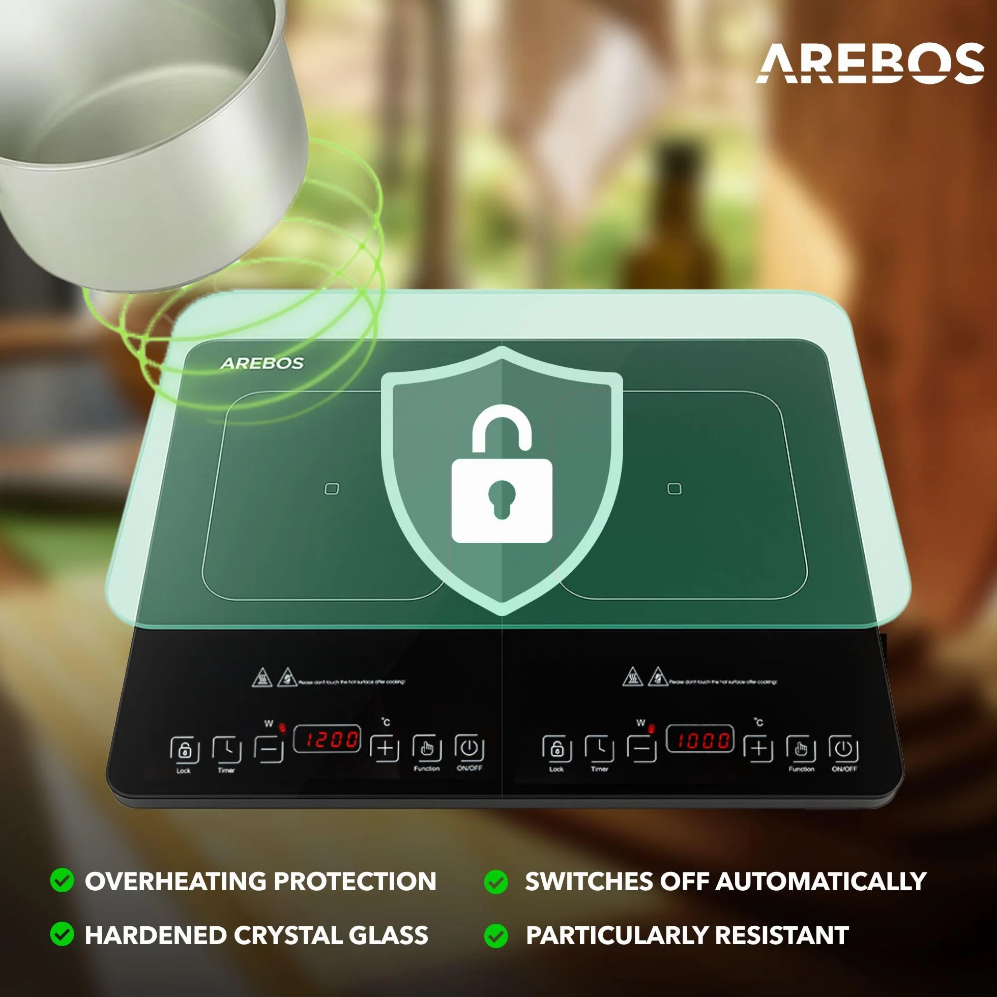 Arebos doppio piano cottura a induzione 3500W 2 zone display touch timer portatile