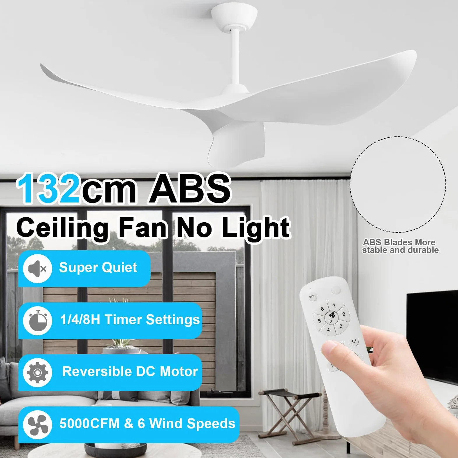 Sofucor Ventilatore da Soffitto 132 cm, Silenzioso Ventilatore da Soffitto per Camera da Letto, 3 Pale, 6 Velocità, Timer, Motore DC, Funzionamento Estivo Invernale