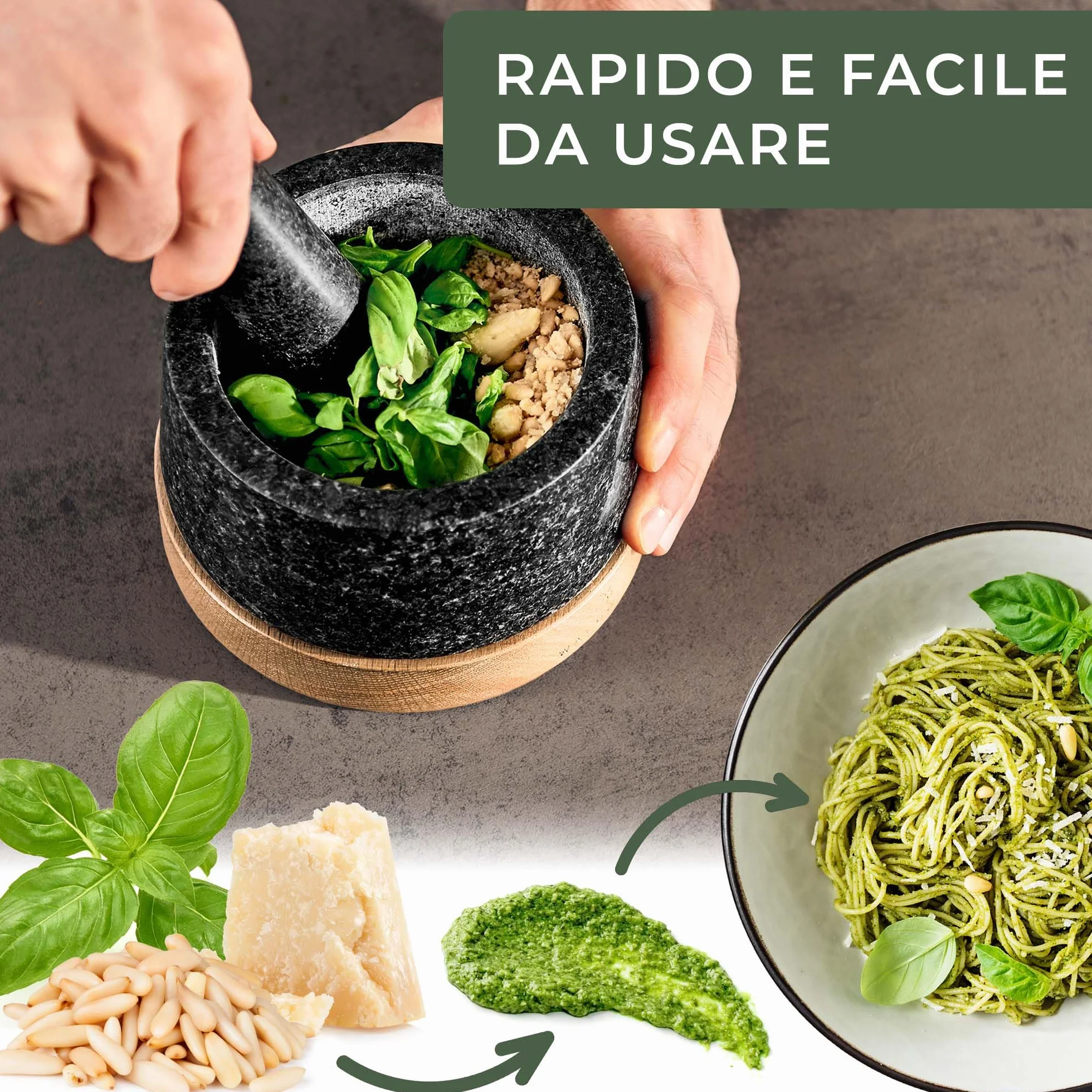 WALDWERK Mortaio con pestello (diametro 12 cm) - Mortaio su una base elegante e stabile in legno di acacia - Mortaio con pestello in granito naturale