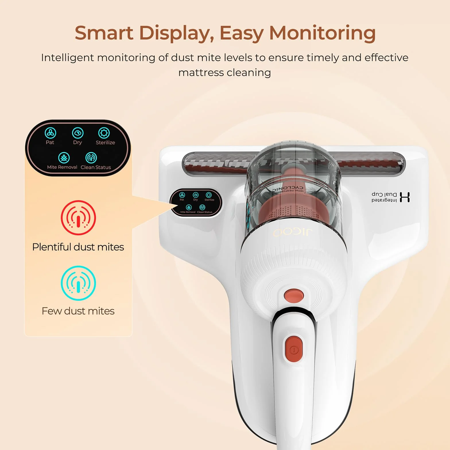 JIGOO J200 Aspiratore portatile antiacaro battimaterasso con Luce UV-C,Aspirapolvere materassi da 500W con riscaldamento a 55 ℃,antibatterico,rimuove allergeni e polvere,Sensore intelligente di sporco