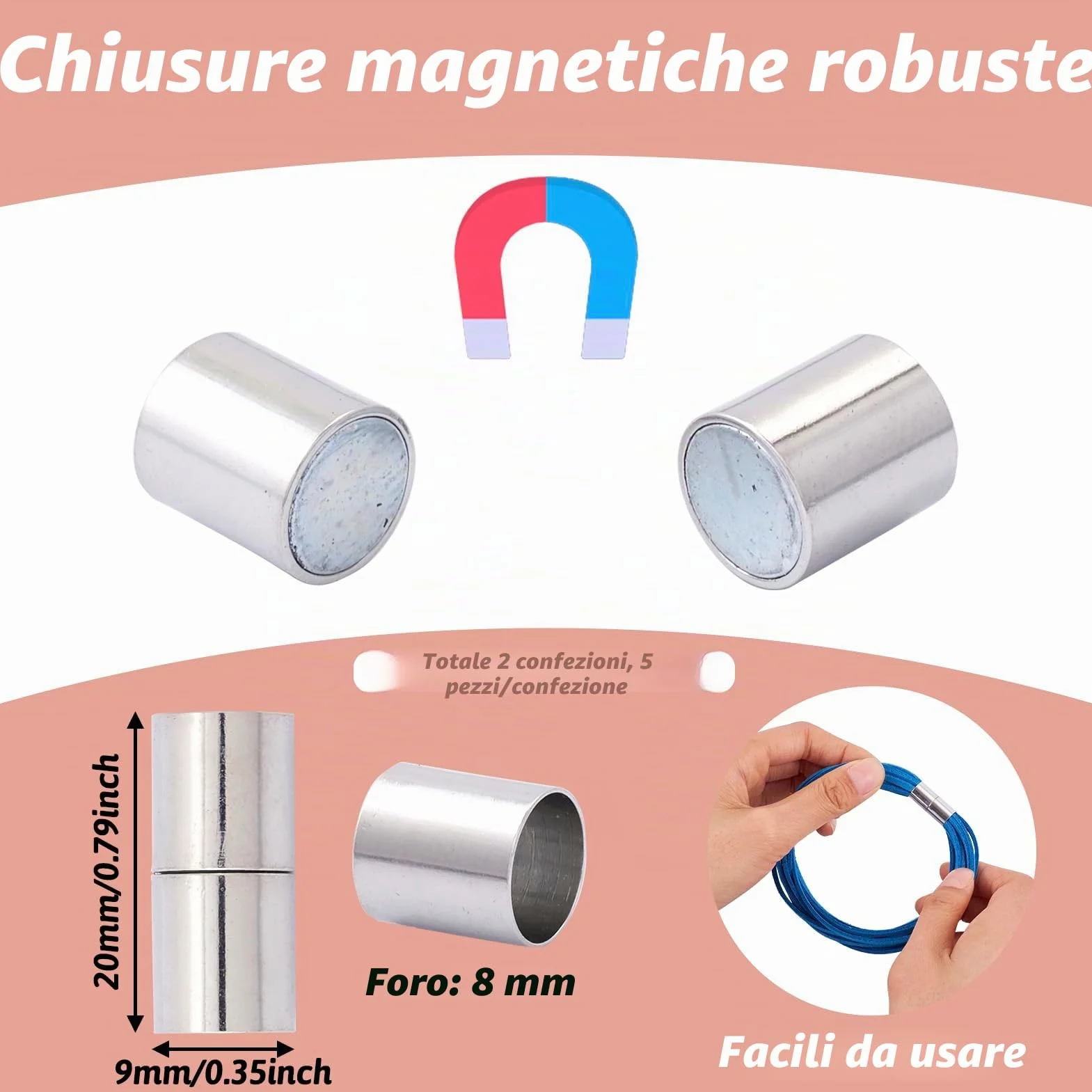 Craftdady 10 set 8 mm Chiusure magnetiche in ottone a colonna, terminali per cordino in pelle, distanziatori per tubi, terminali per perline, platino per creazione di bracciali, collane, gioielli